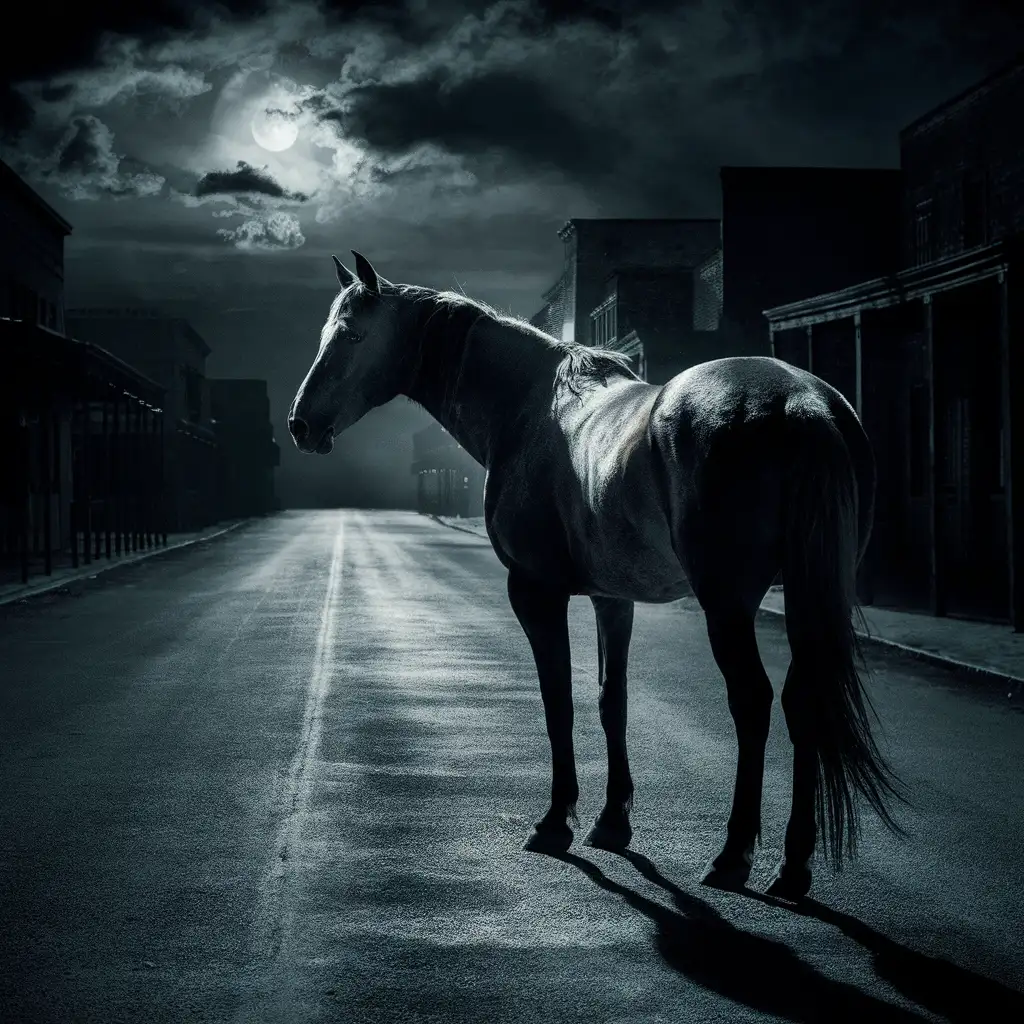 Lonely Horse in Nineteenth Century Western Town at Night