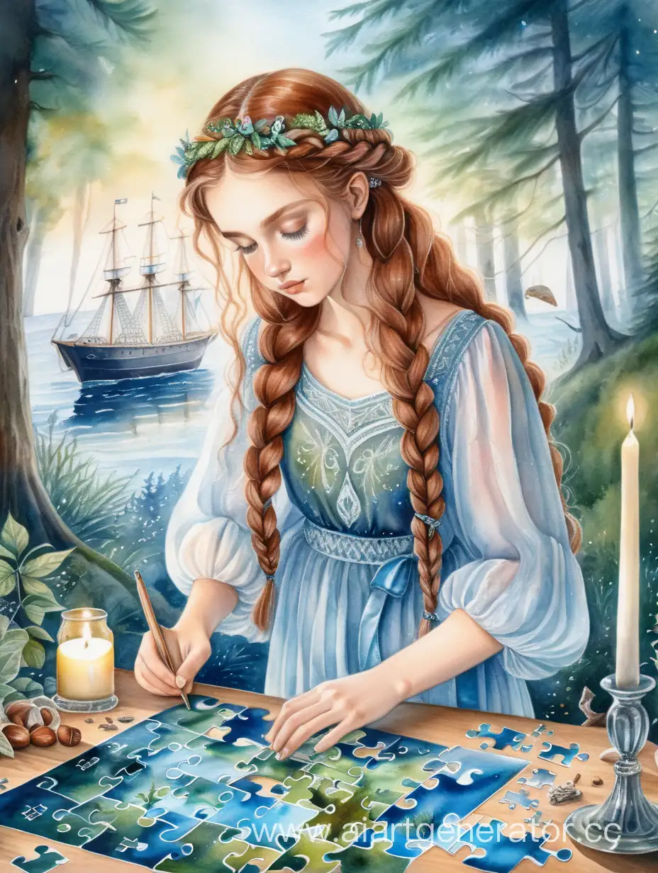 Serene-Slavic-Girl-Assembling-Puzzle-in-Enchanted-Forest