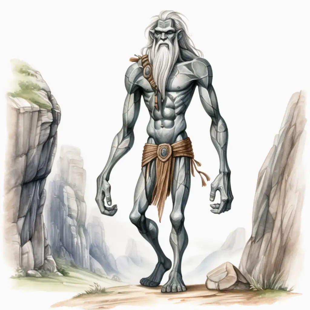walking fantasy skinny stone giant with loin cloth, dark watercolor drawing, no background