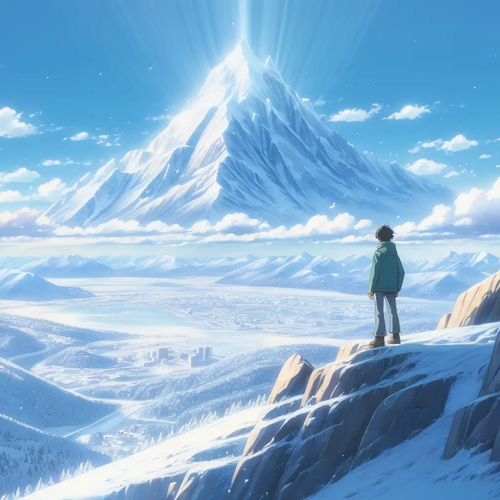 Solitary Figure Embracing Majestic Winter Peaks in Makoto ShinkaiInspired Art