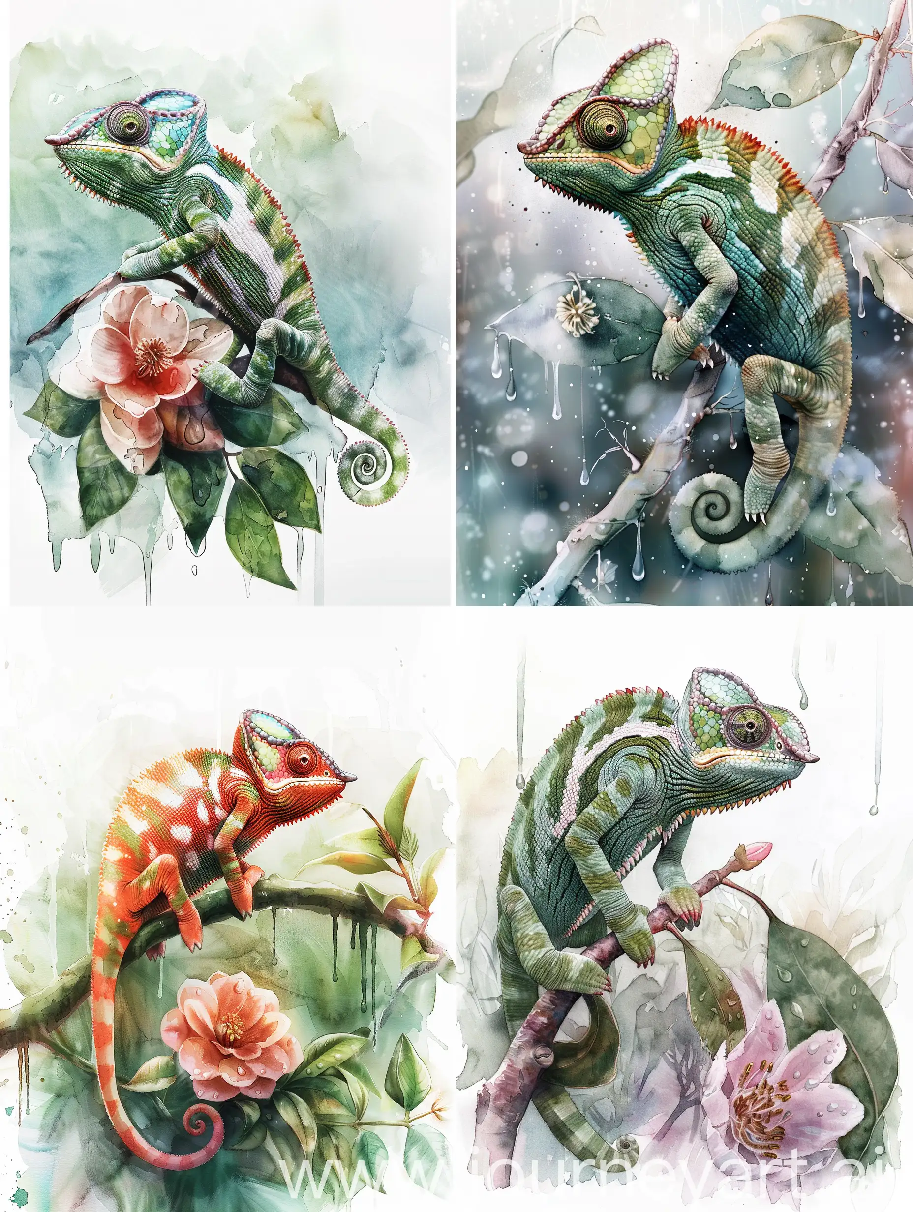 Chameleon-Watercolor-Painting-Sitting-on-Branch-with-Blurred-Floral-Background