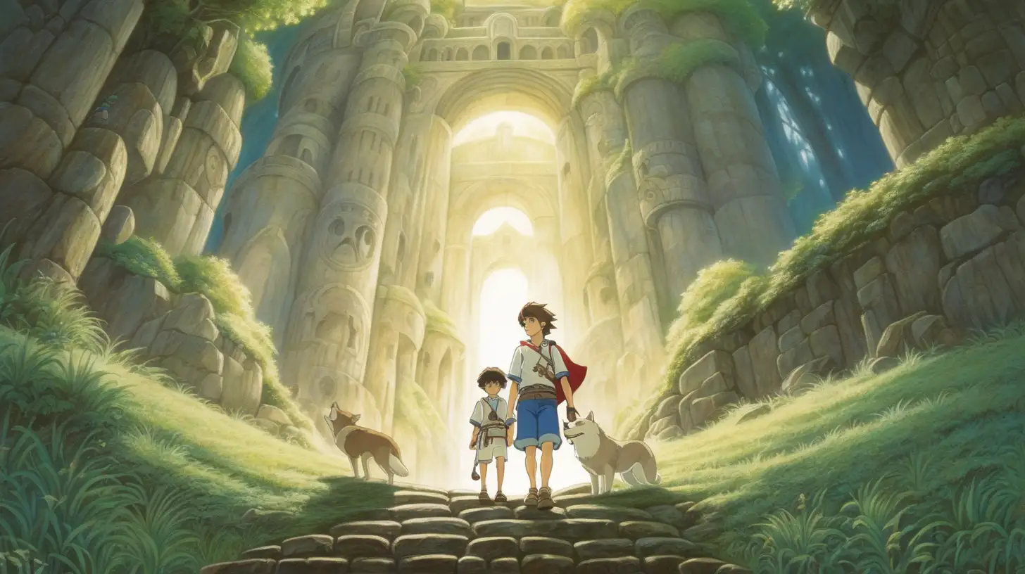 a boy with brown hair, ivory tower, happy, peaceful, beauiful illustration of fantasy, ghibli, princess mononoke, soothing, dark, music, amazing detailed game poster, Hayao Miyazaki --ar3:2 --niji 5