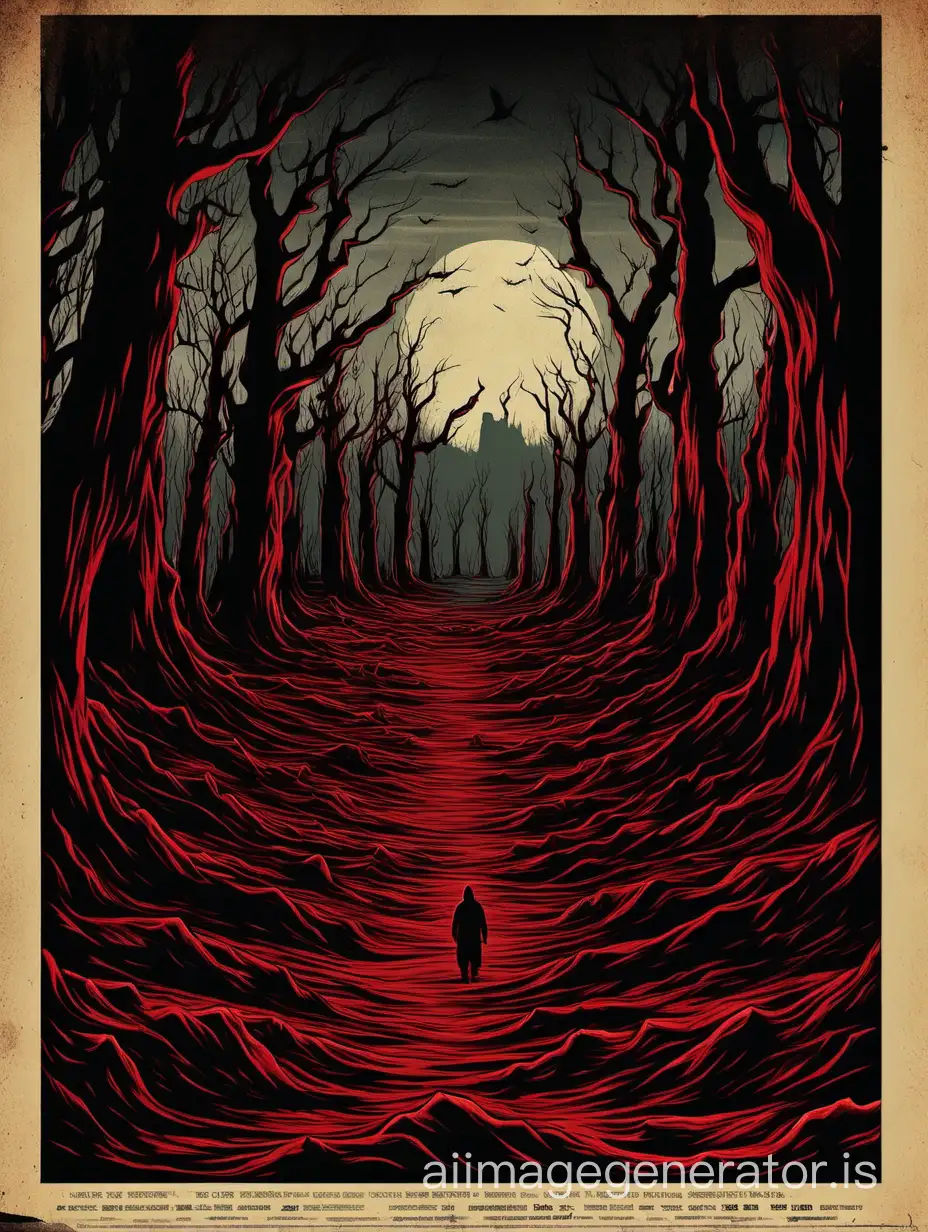 horror movie poster, darkness and blooded landscape