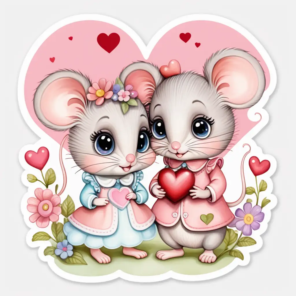 Cute,fairytale,cartoonwhimsical pastel baby mouse couple, dressed up,big eyes, white background, with valentine hearts , flowers,sticker, very colorful