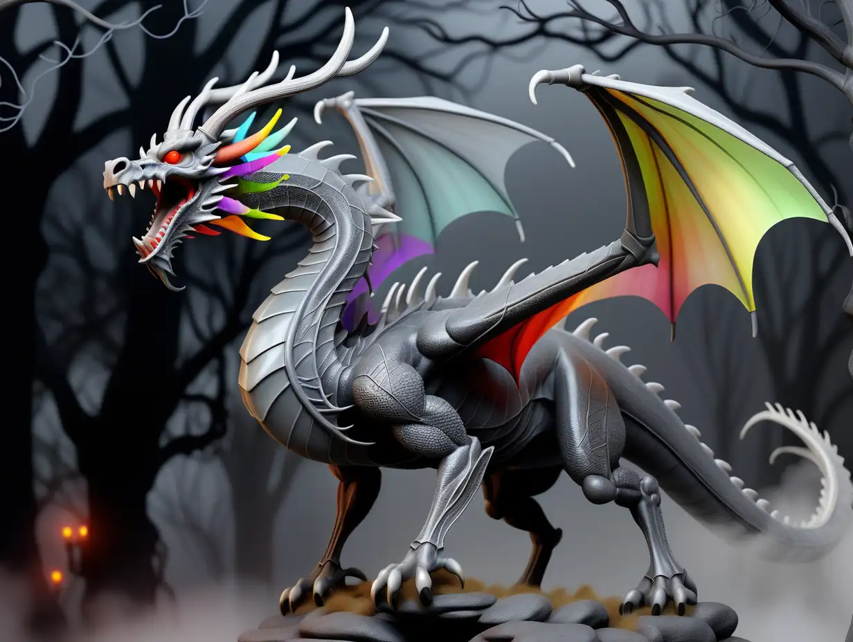 an ancient grey and black dragon with antlers with multicolored branching veins, wings with a gray translucent membrane, flying through a foggy night, dslr
