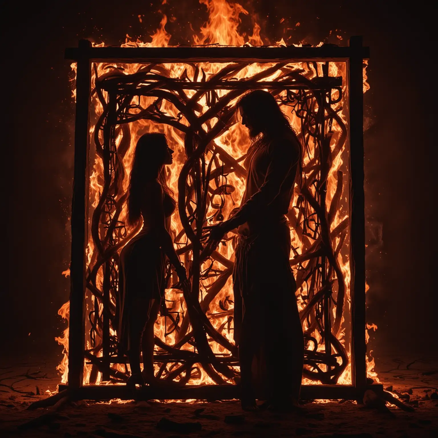 Passionate Love Silhouettes of Man and Woman by a Fiery Frame of Runes