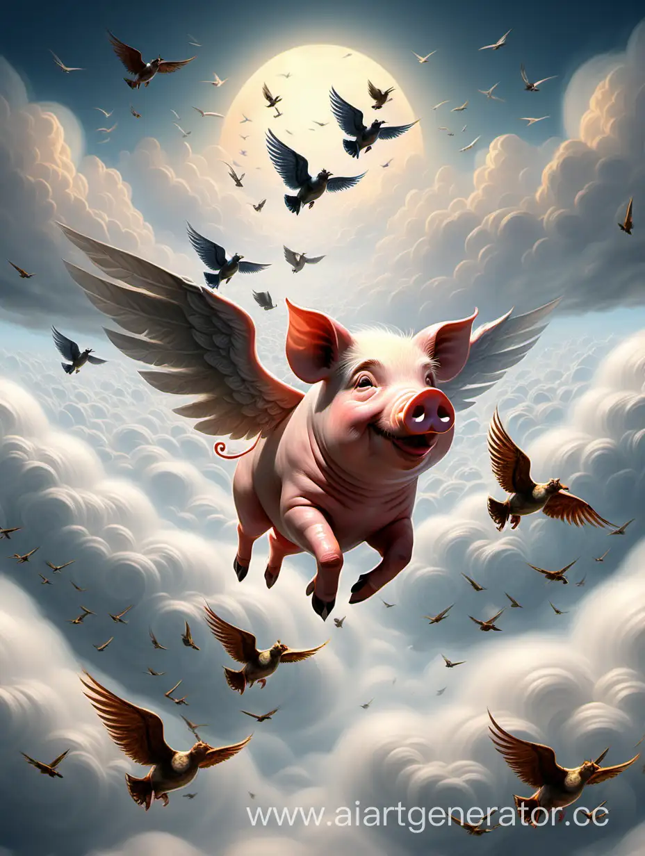 Flying-Pig-with-Wings-Soaring-Through-Clouds-Followed-by-Birds