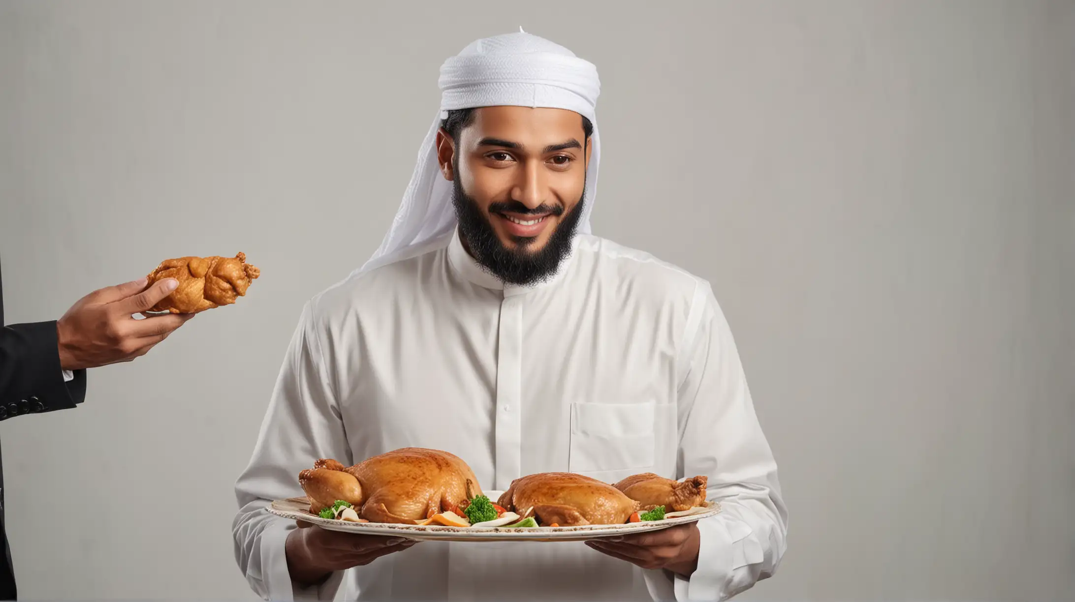a muslim handsome man bring a plate of cooked chicken serving to another muslim man 