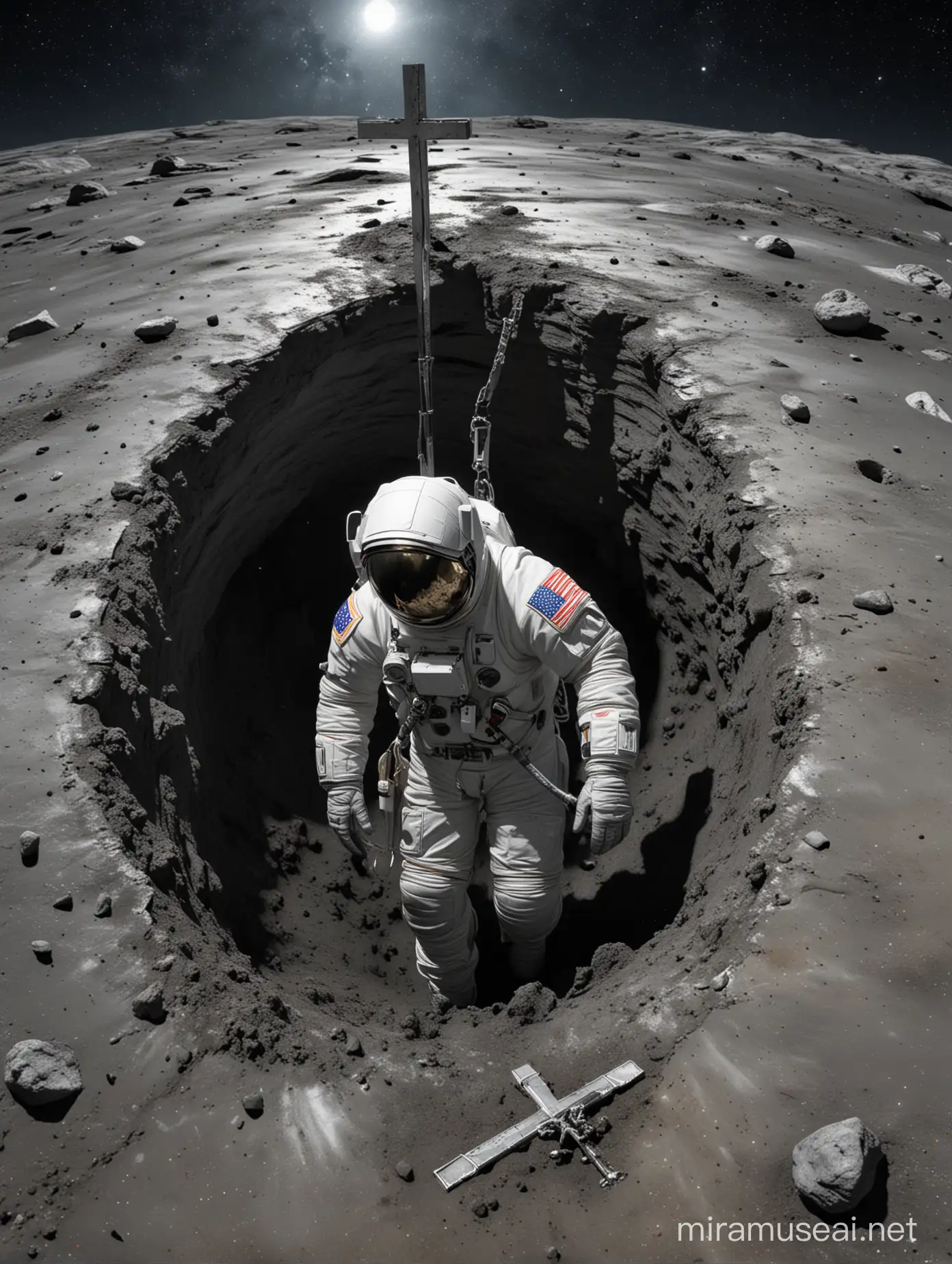 Highly detailed painting, on a gray lunar surface an astronaut in a slim fitting silver suits digs in the lunar surface with his hands,(((in a hole in the lunar surface lies a plain steel crucifix))), an (((empty astronaut helmet lies on the ground))), there are craters and low ridges behind the astronaut, a rocket ship stands on the distant horizon, the (((sky is black and cloudless and empty apart from stars))), use muted pastel colors only, high quality
