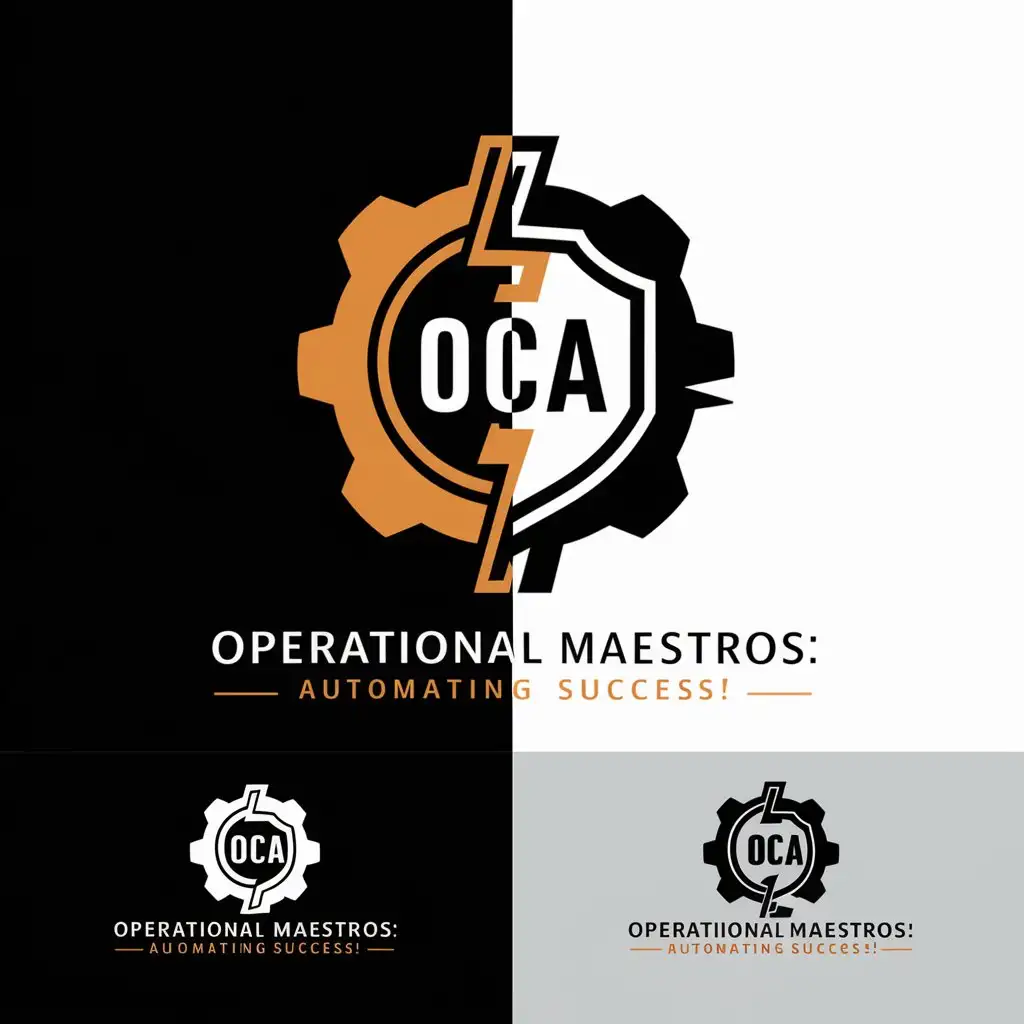 Logo Concept: The logo could be a stylized gear (symbolizing automation and operations) interlocked with a lightning bolt (representing speed and efficiency) and a shield (representing the protection and value delivered to the customer). The initials "OCA" wll be incorporated into the design, within the gear or the shield. Put below the logo the sentence: "Operational Maestros: Automating Success!" Make the logo with a maximun of three colors. Black or white background.