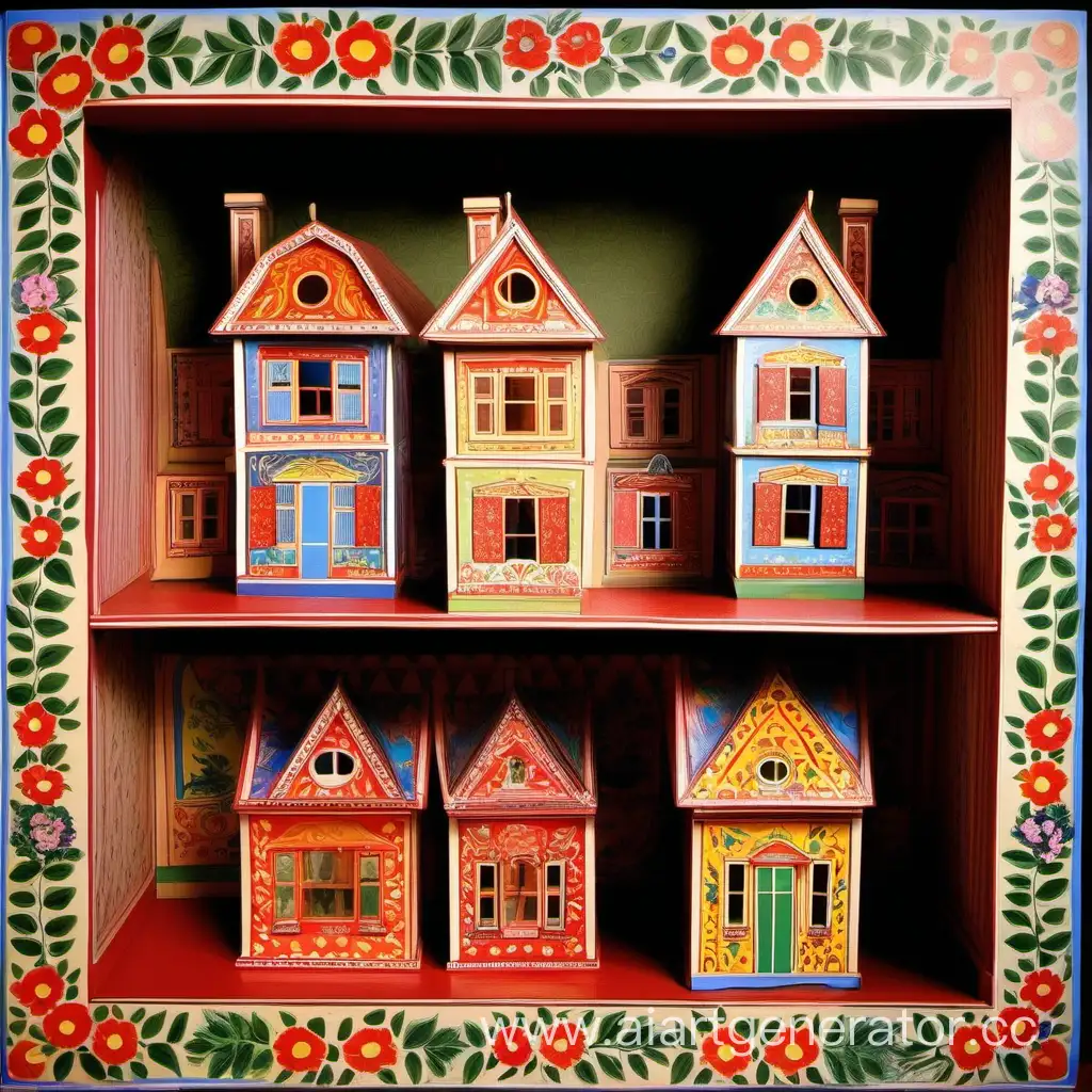 dollhouse toy for children, wooden, with their own hands, painted, hand-painted, folk painting, decorative and applied art, Gorodetsky painting, ornamental stripes, garlands of flowers, paint drawing, decor, painting, more painted, with a plot, open rooms, open rooms for play, country house, flowers
