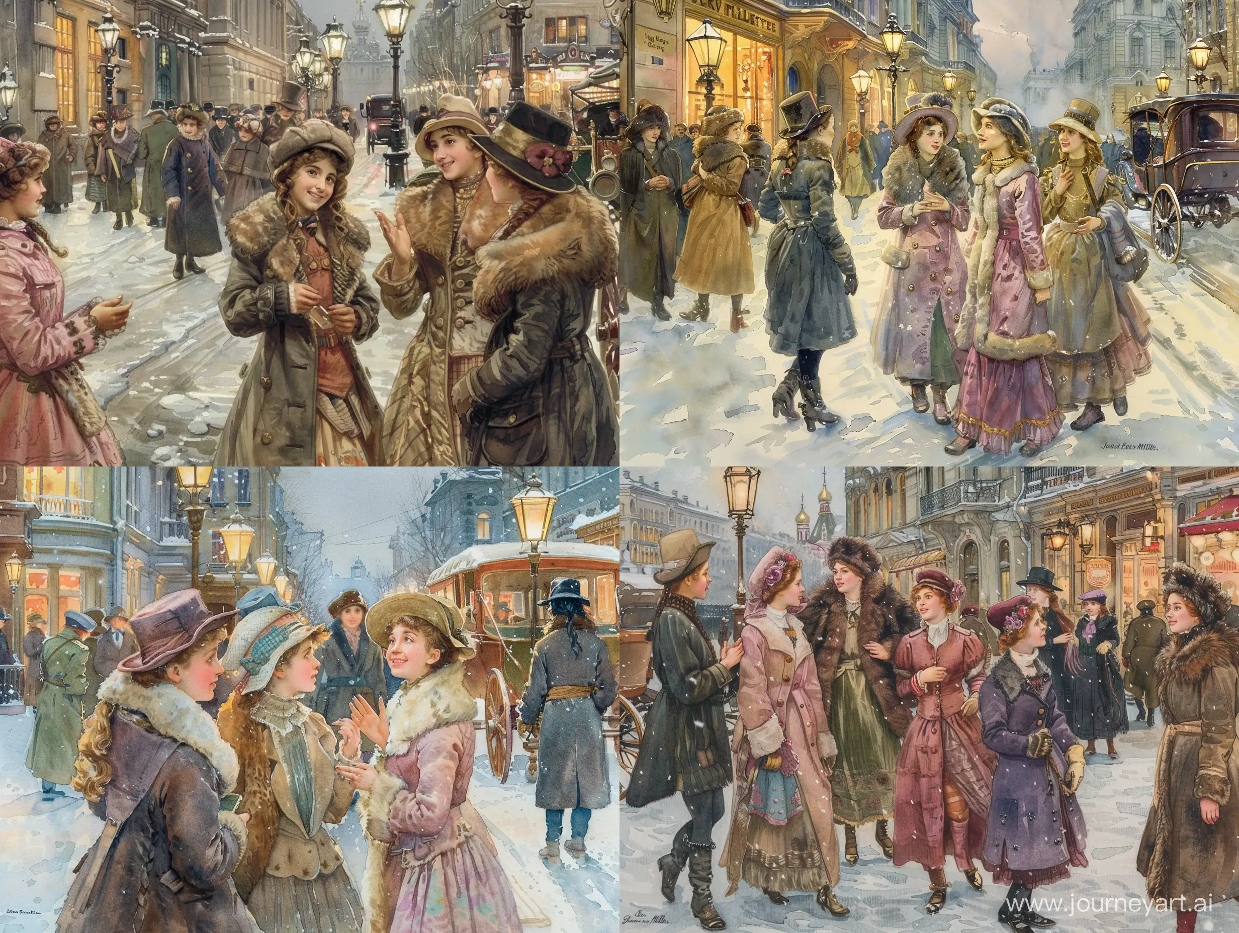 Группа молодых модных девушек жительниц Петербурга гуляют по зимней улице города. На улице Санкт-Петербурга с фонарями, прохожими, магазинами, каретами и извозчиками. Девушки общаются друг с другом и им весело. При общении они смотрят друг другу в лицо. Девушки одеты тепло и красиво по моде 1910 года. На них тёплые шапочки и шубки с мехом или пальто, всё сочетается по цвету и стилю. Все прохожие также одеты в стиле начала 20 века. Акварель в стиле и цвете John Everett Millais.  Действие происходит на улице Санкт-Петербурга зима 1910 года.