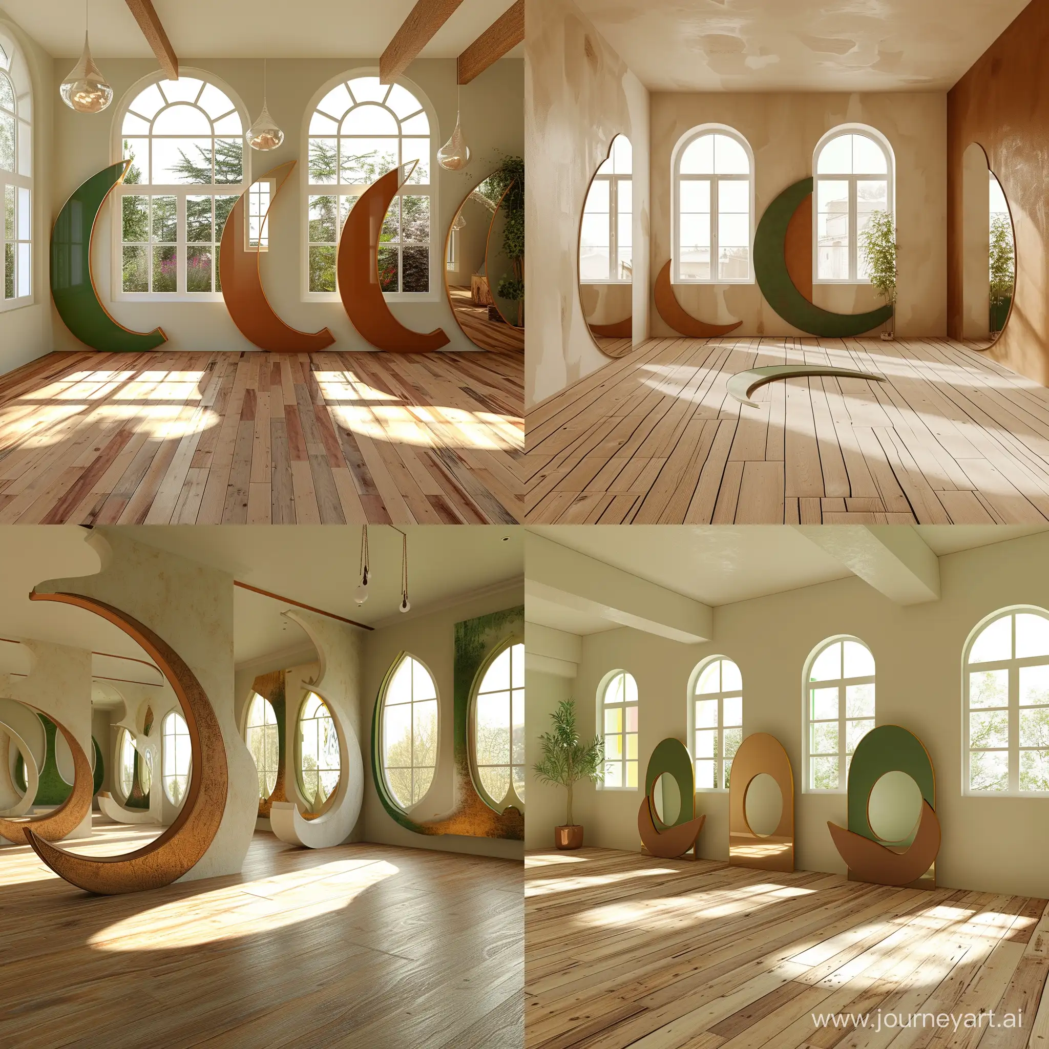 Designing a simple boho style dance room in Iran using cream, brown and green colors and crescent shaped mirrors and wooden floor with bright windows.