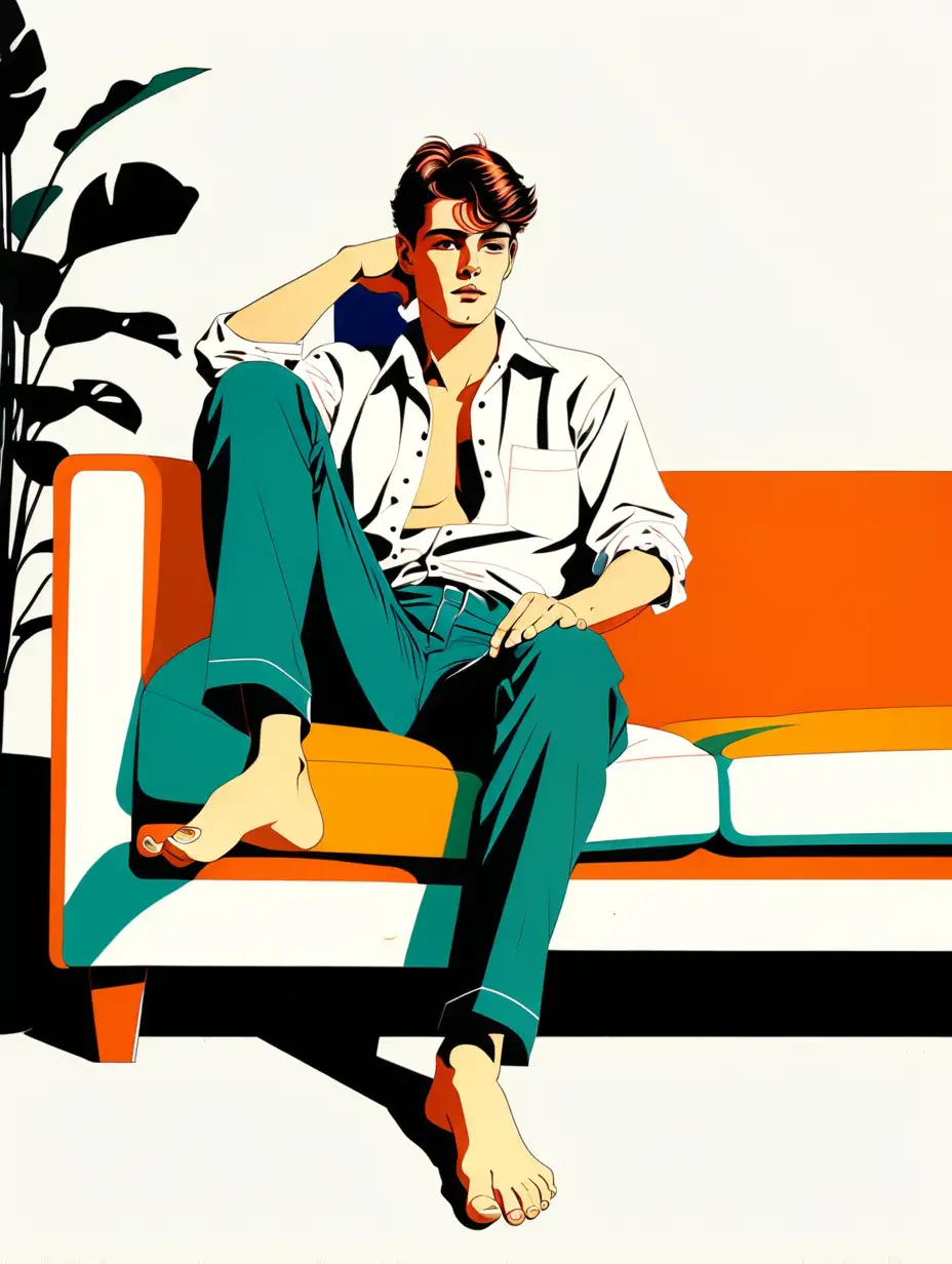 a gorgeous young man sitting barefoot in his sofa, minimal and elegant, cozy and sensual, retro style, 1980s, Retro illustration, Riso print, Jet powers, magazine, Full-body, Vintage paint, Clean white background, Multi-color, bold line, advanced color matching, hyper detailed