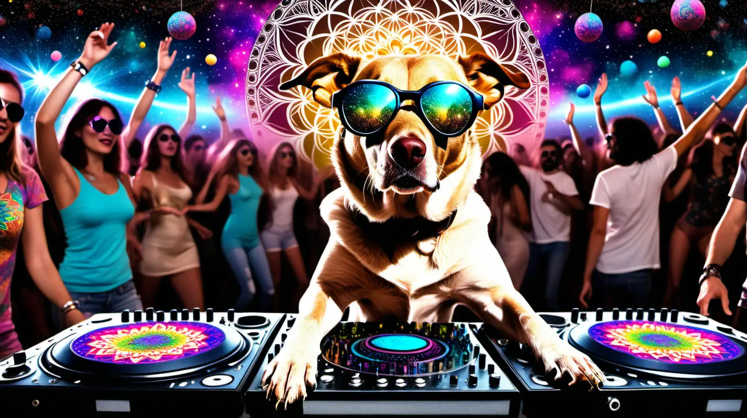  dj dog with sunglasses in the space with mandala and dancefloor full of people with flower of life background, party with dancing psychedelic crazy 
people on acid
