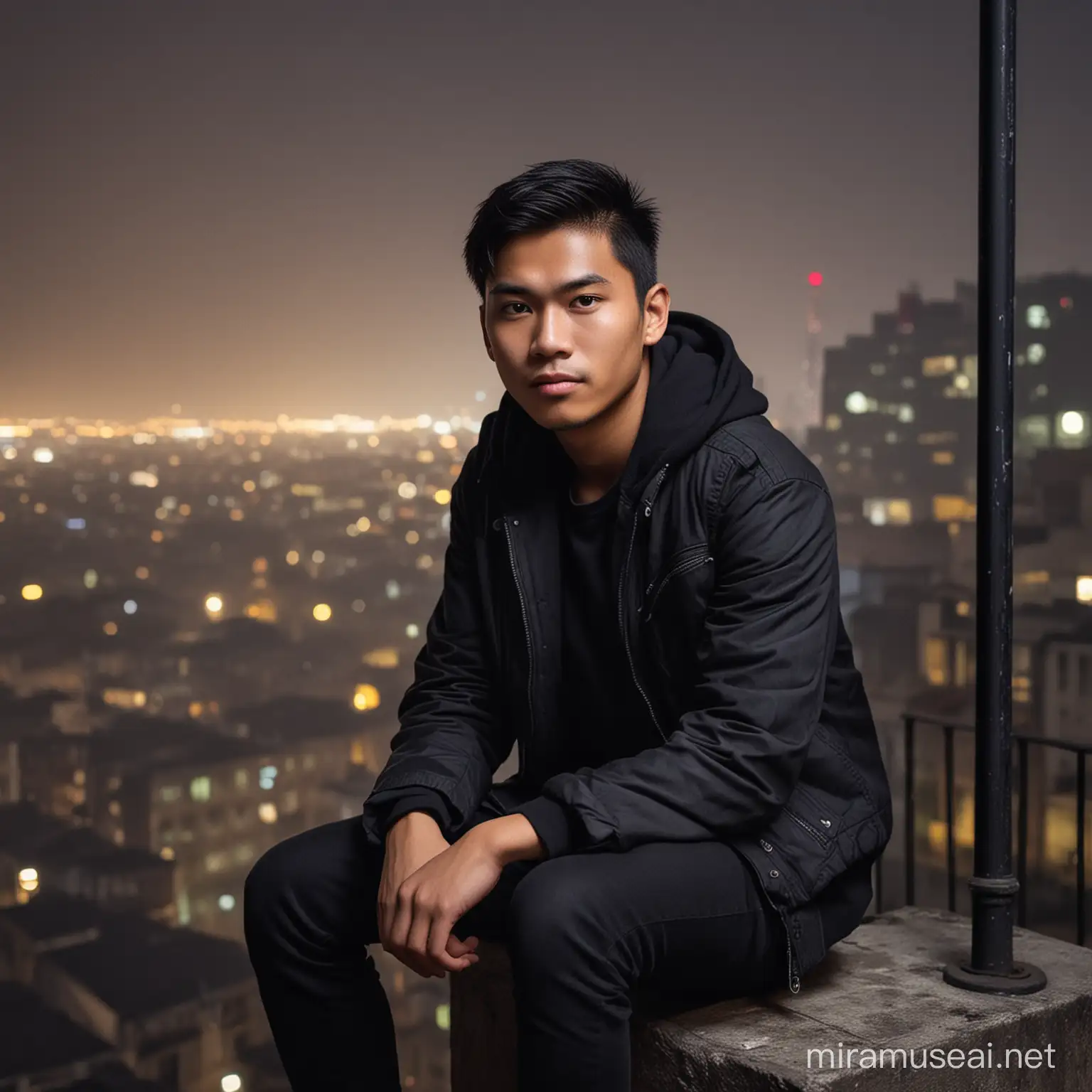 Young Indonesian Man Sitting in Eerie City Night