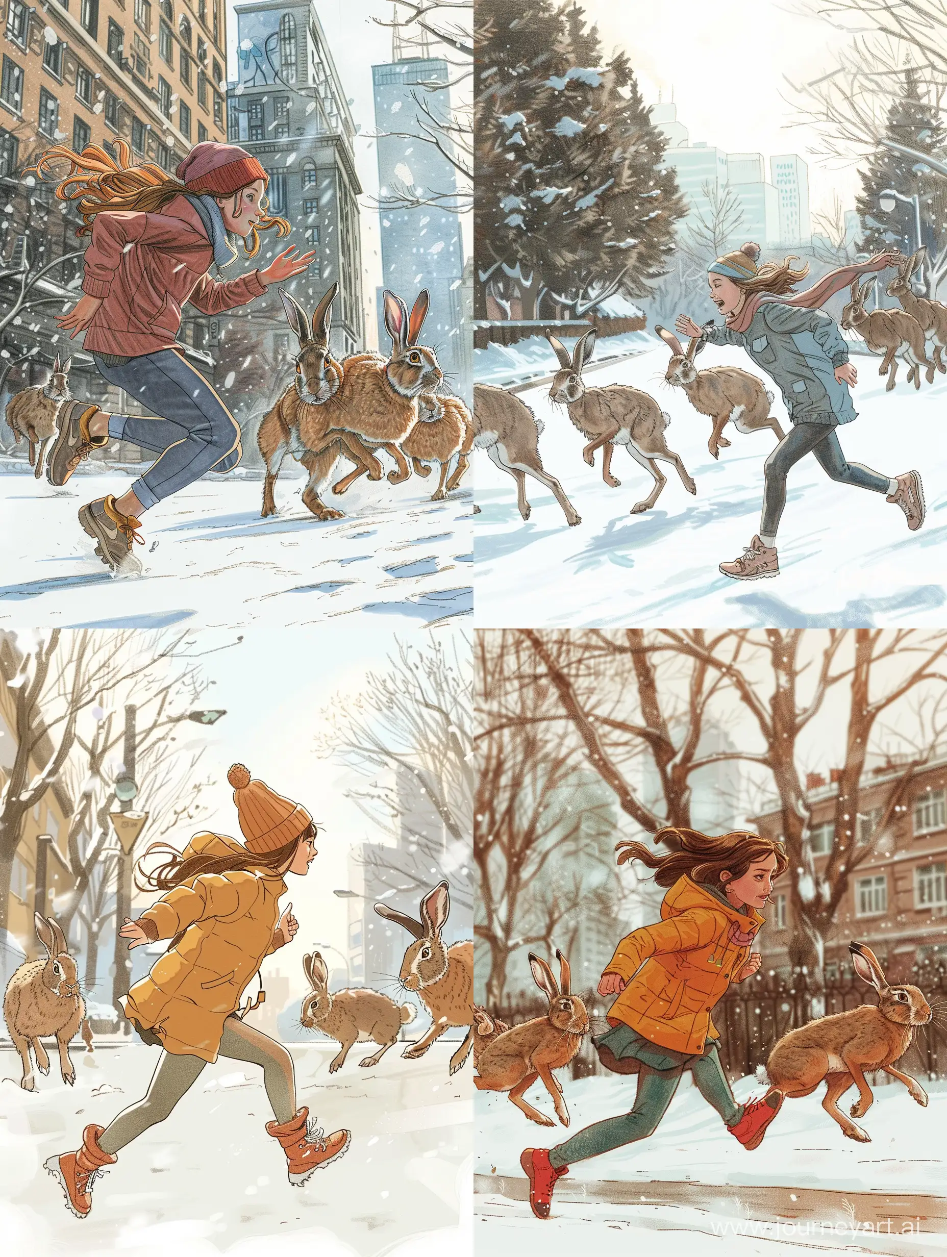 landscape format, sideview, winter, a girl is running hard along the city street, behind her a few meters away on hind legs run several big hares, in the style of illustration for teens with colored markers, medium level of detailing