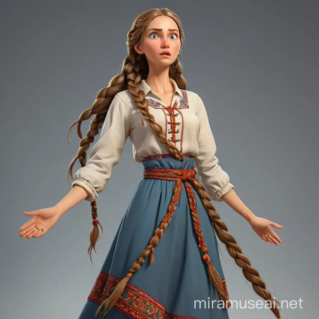 A slender Russian woman with long braids stands tall with her arms outstretched to the sides in national dress. We see her arms and legs. She is scared of something, her cheeks are very red.In the style of realism, 3D animation.
