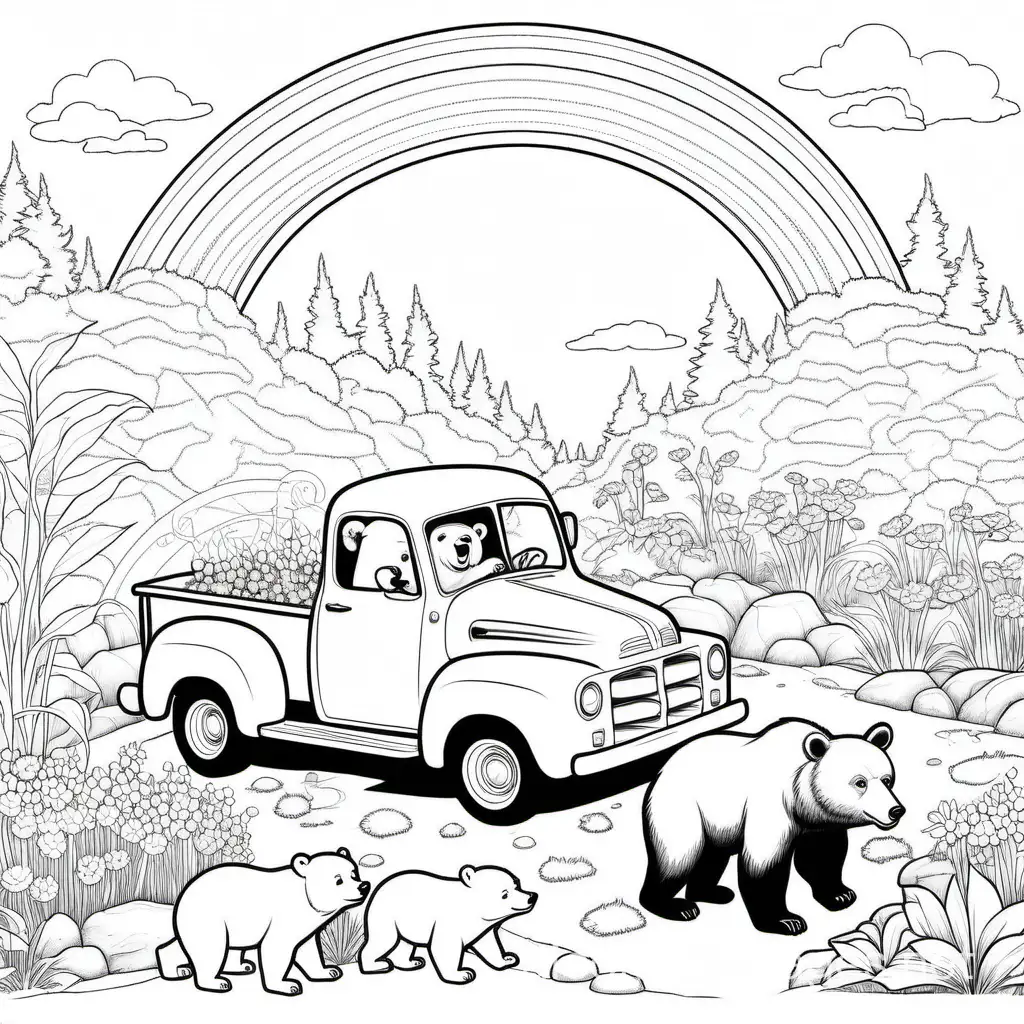 a mystical garden with a rainbow, old pickup truck and bears, Coloring Page, black and white, line art, white background, Simplicity, Ample White Space. The background of the coloring page is plain white to make it easy for young children to color within the lines. The outlines of all the subjects are easy to distinguish, making it simple for kids to color without too much difficulty
