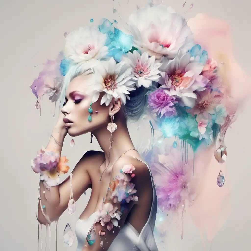 abstract exotic white high fashion model with pastel flowers that bleed into her hair, big Jewelry {SAME soft tattoos on her arms and shoulders} {put 3 DELICATE flying CRYSTAL ORBS around her}. imitate image and same color add very thin drips only on hands