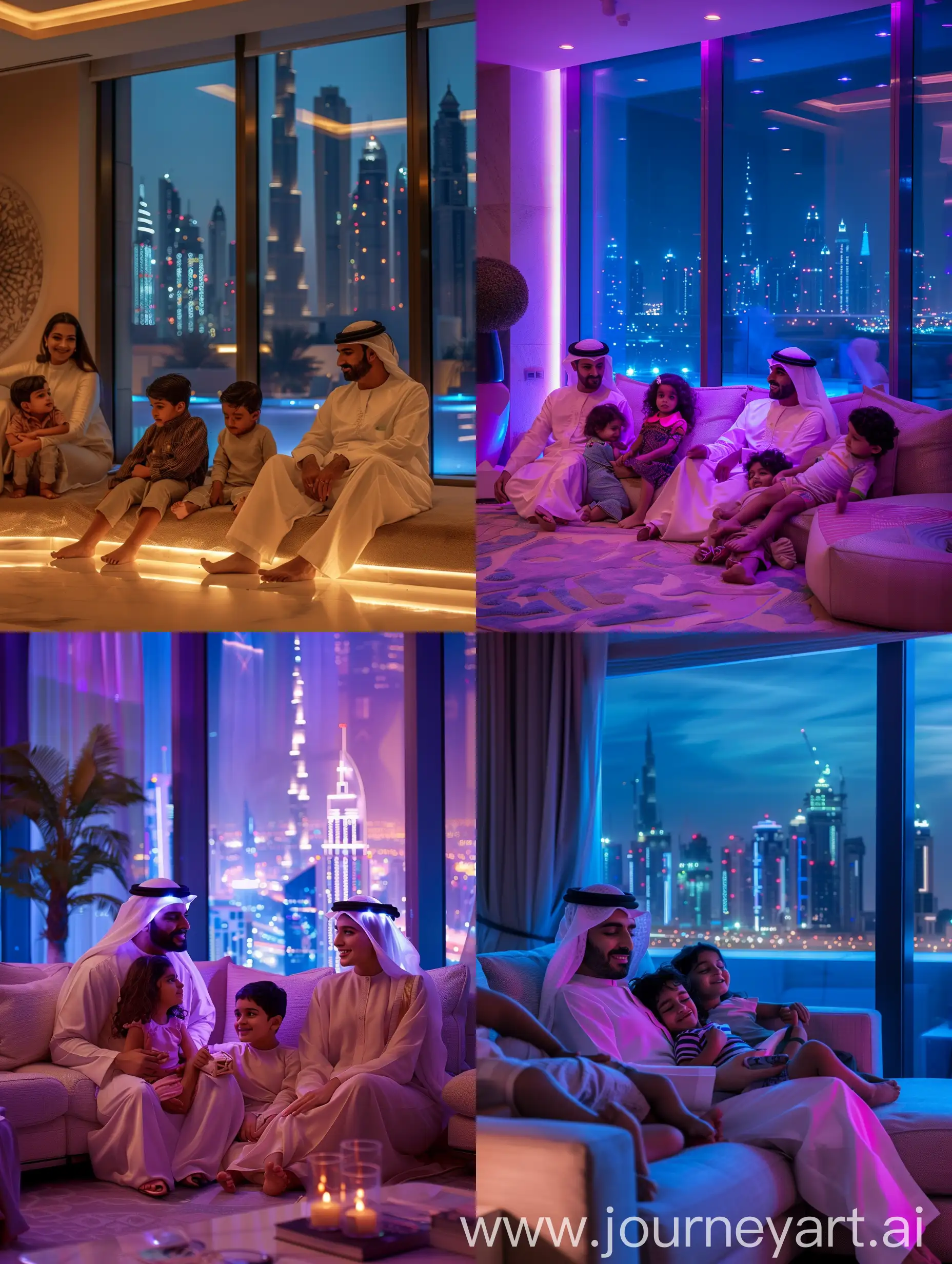 Arabic sheikh with children, chilling in a luxury arabic modern villa with LED lighting, Dubai night city in the window in the background, detailed professional shot