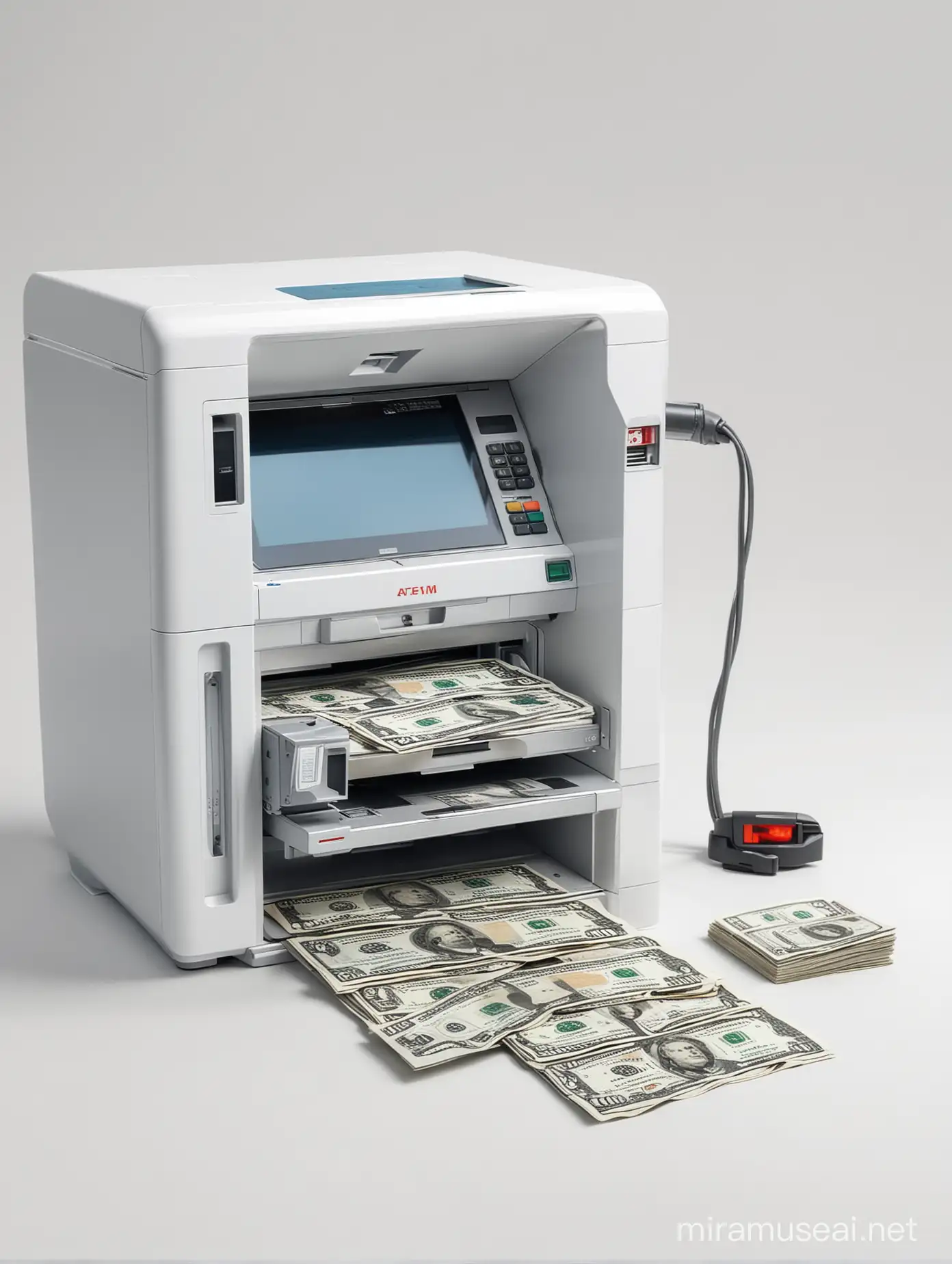 A laser machine that has become an ATM machine and money is spread around it on a white background