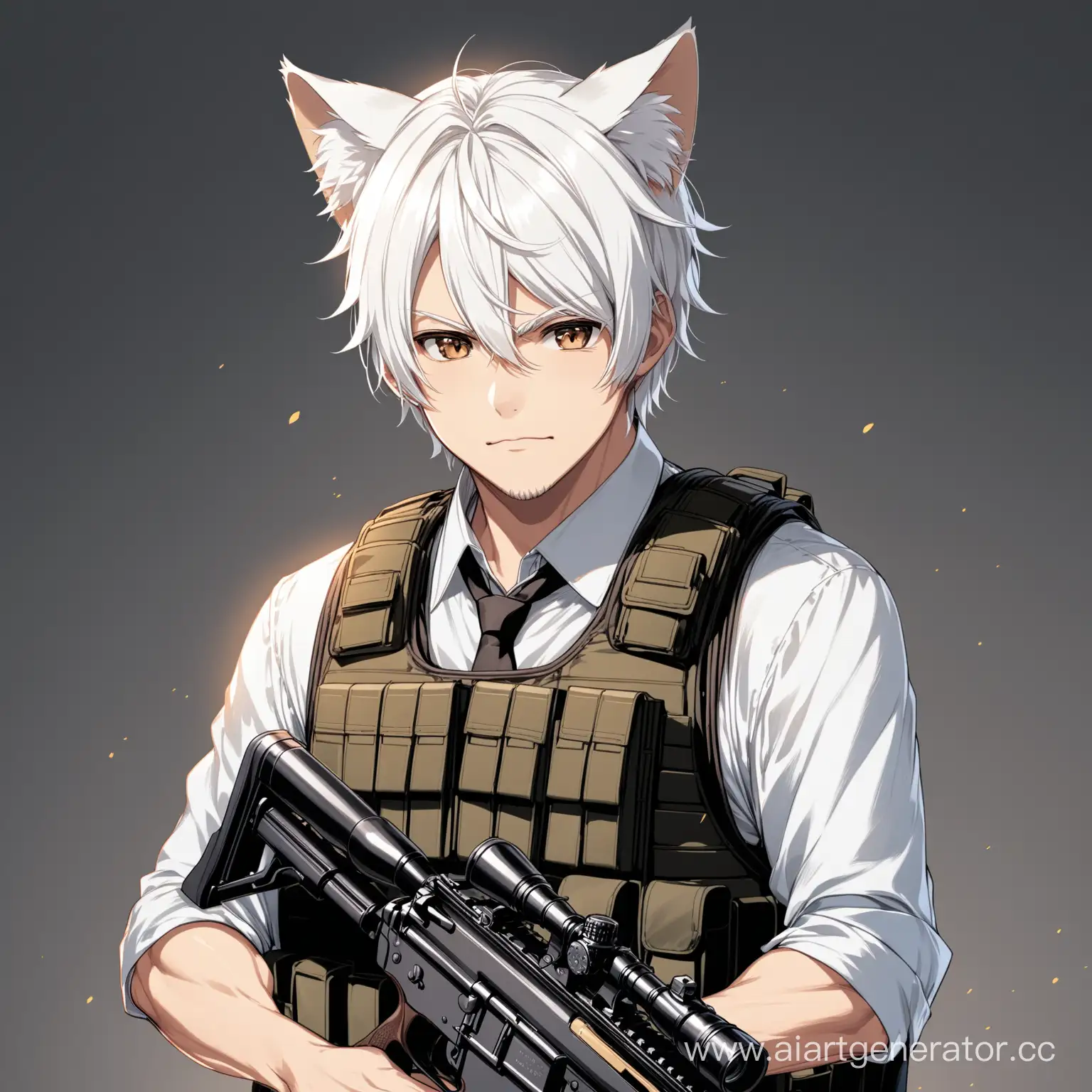 Silverhaired-Man-in-Cat-Ears-Holding-Rifle-and-Wearing-Bulletproof-Vest