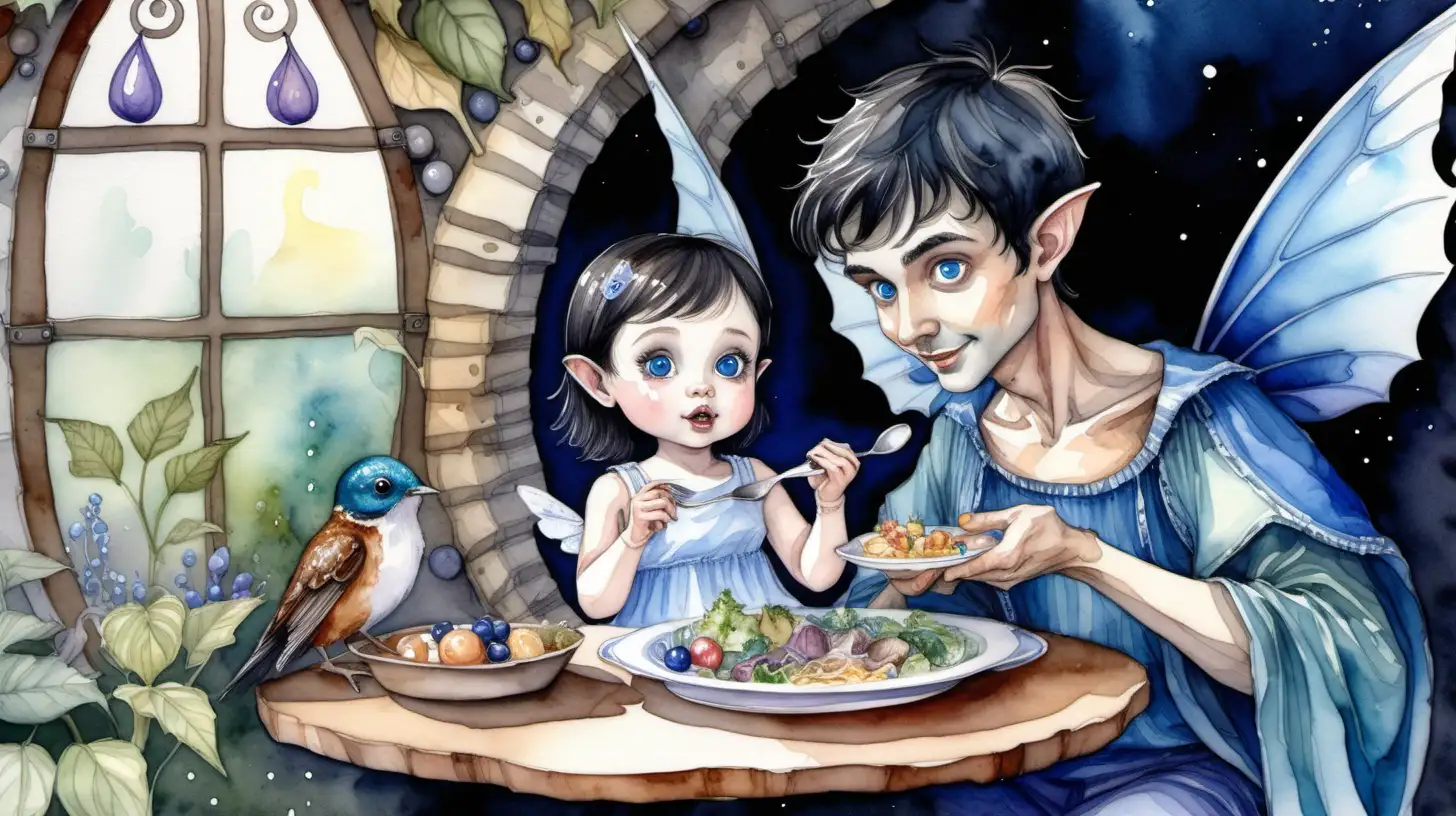 A watercolour painting of a darkhaired, blue eyed, adult male pixie and a human girl baby eating dinner in a fairy house

