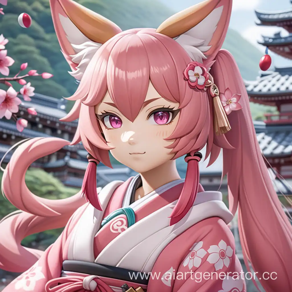 розовая кицунэ, персонаж геншин, опущенные уши, япония


