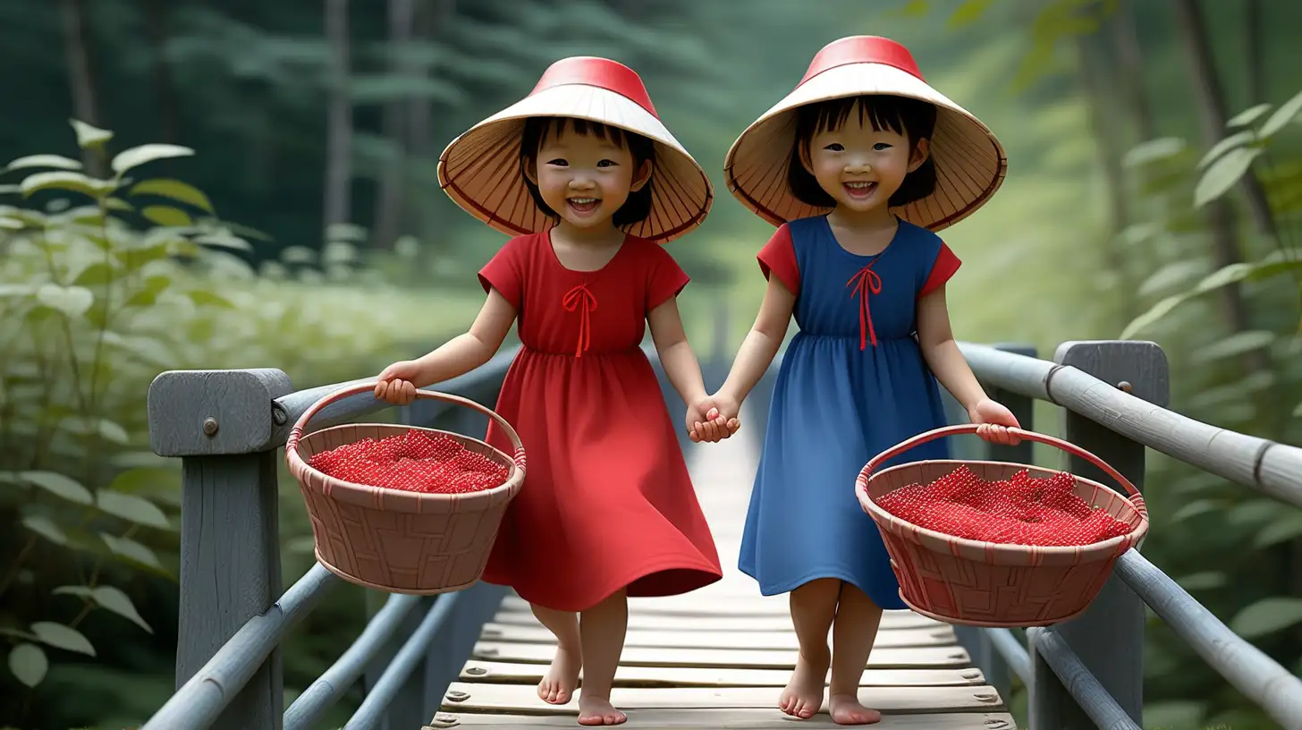 Эти 2 маленькие девочки- азиатки, одетые в красный и синий сарафаны, на голове у них  белые шляпы, в руках  обе несут по одной корзине, полных красных ягод, сейчас идут из леса по мостику к себе  домой,  уже видят издалека  свой маленький синий  домик  с красной крышей, который стоит  на высоком берегу речки, обе очень счастливы