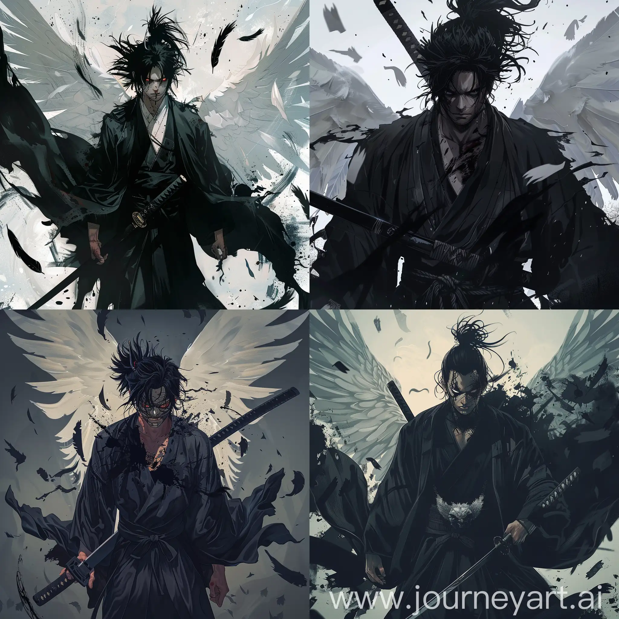 Brooding-Swordsman-in-Black-Kimono-with-Oni-Mask-and-White-Wings