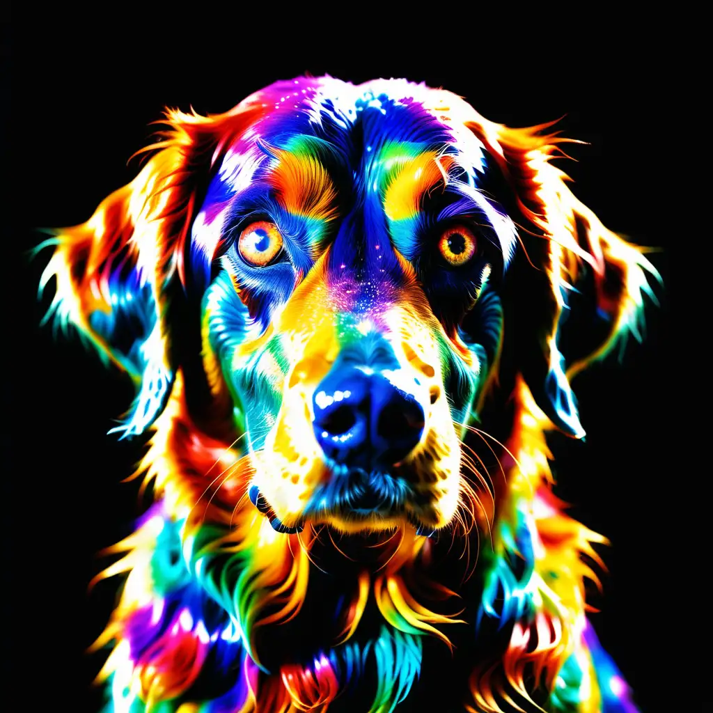 psychedelic image of a multicolored golgen retriver ; black background