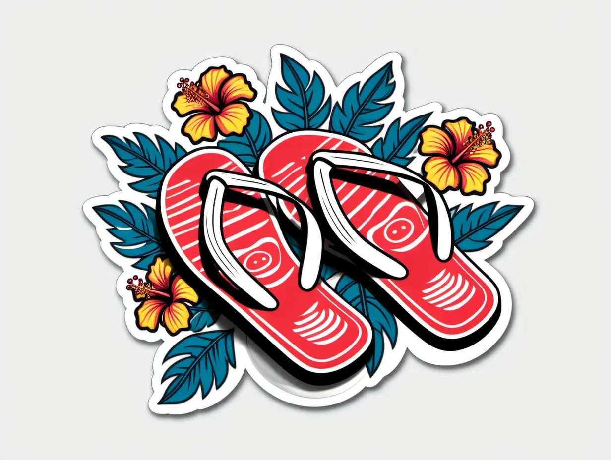 Vibrant Hibiscus Flip Flops Sticker in Bold Folk Art Style