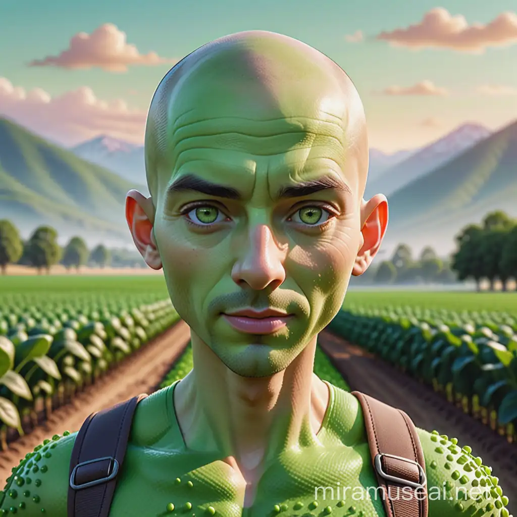 Beautiful male soybean cartoon character, masculine, green skin, green, highly detailed eyes, lush lips, bald, wearing only shoes, close up, bokeh background, soft light on face, rim lighting, facing square to camera, walking in a field, mountains in background, photorealistic, very high detail, extra wide photo, super close up, head shot, green skin