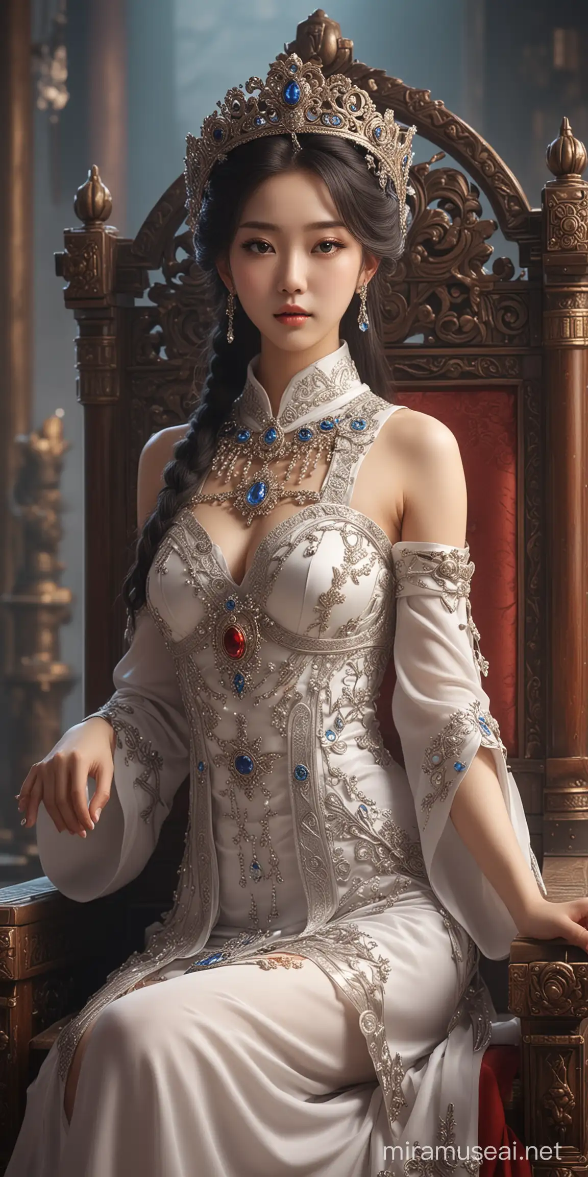Elegant Empress Sitting on Fantasy Throne in Detailed Studio Art