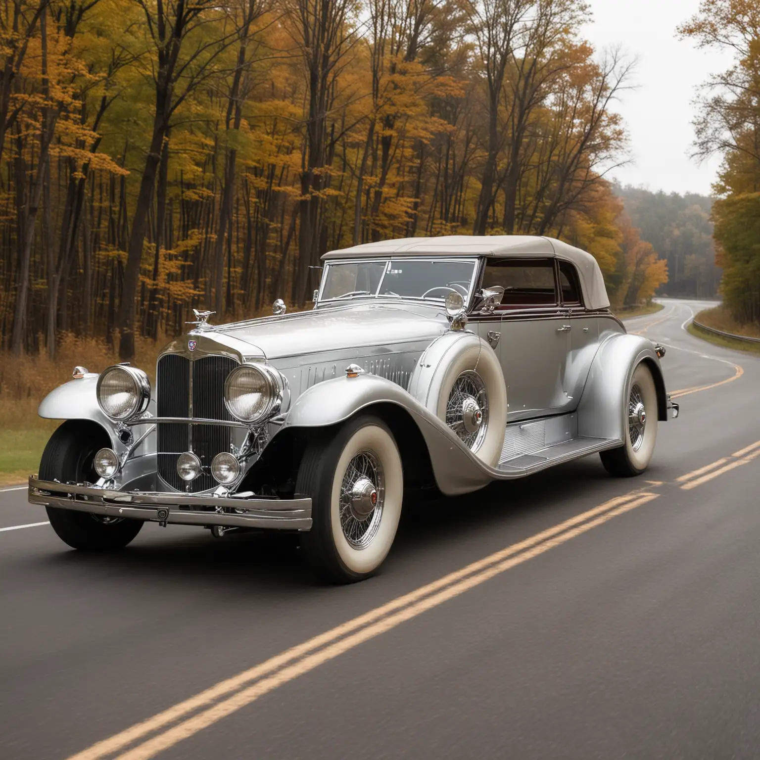 Vintage Duesenberg Car Driving on Country Road
