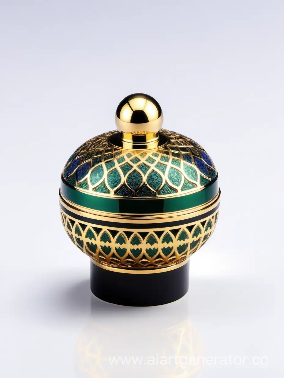 Luxury Plastic Perfume decorative ornamental long cap, gold color with black and dark green blue border line arabesque pattern round shaped metallizing finish with big gold ball on top