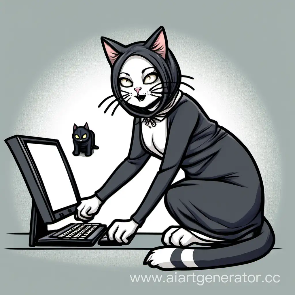 Кошка жена играет в страшную игру на компьютере но очень довольна