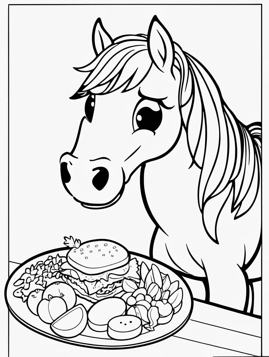 /imagine prompt extremely simple. cartoon style. horse eating. {animal emotion}. coloring book. black and white. --ar 2:3