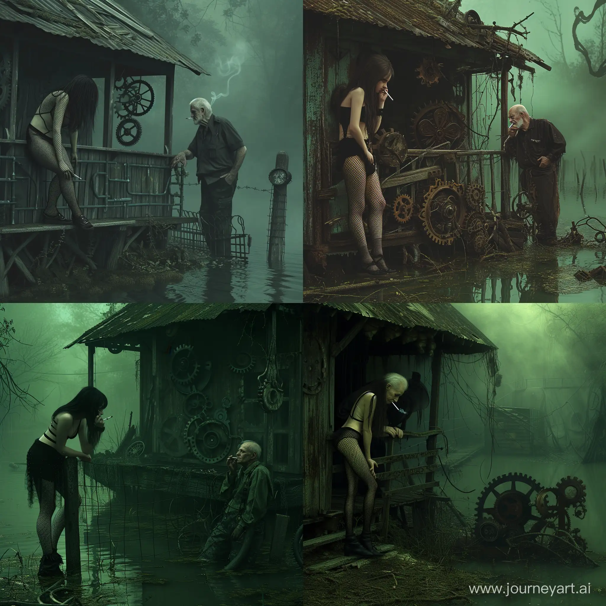 A goth girl in fishnet stockings and an old grandfather stands on the porch of a small old hut leaning on a fence and smoking a cigarette, with a sad face looking at gears and old abandoned mechanisms slightly peeking out of the water in a swamp, swampy area, dark green gloomy, realism, there is no light at night