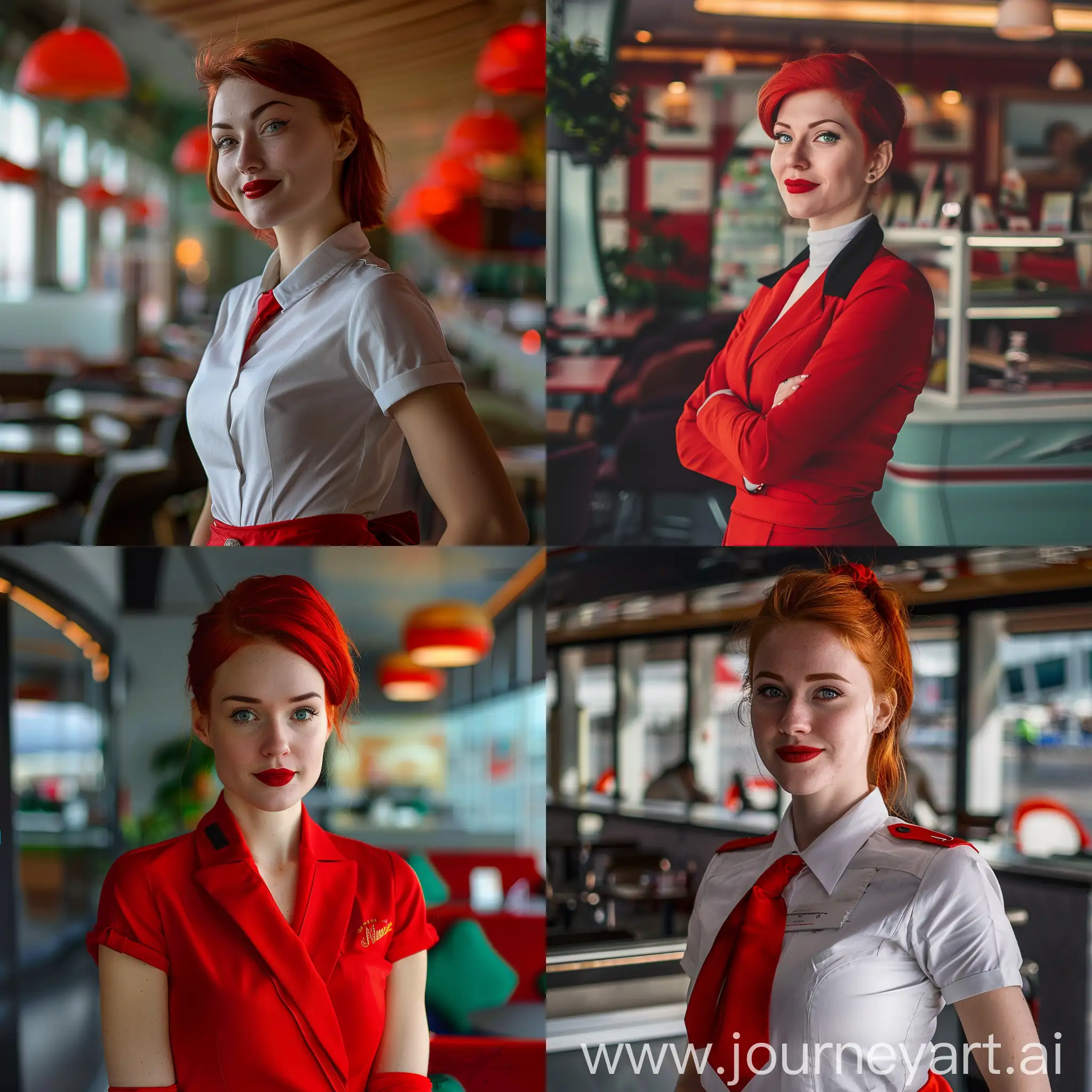 Red-haired flight attendant standing in front of a place. Camera Nikon D500