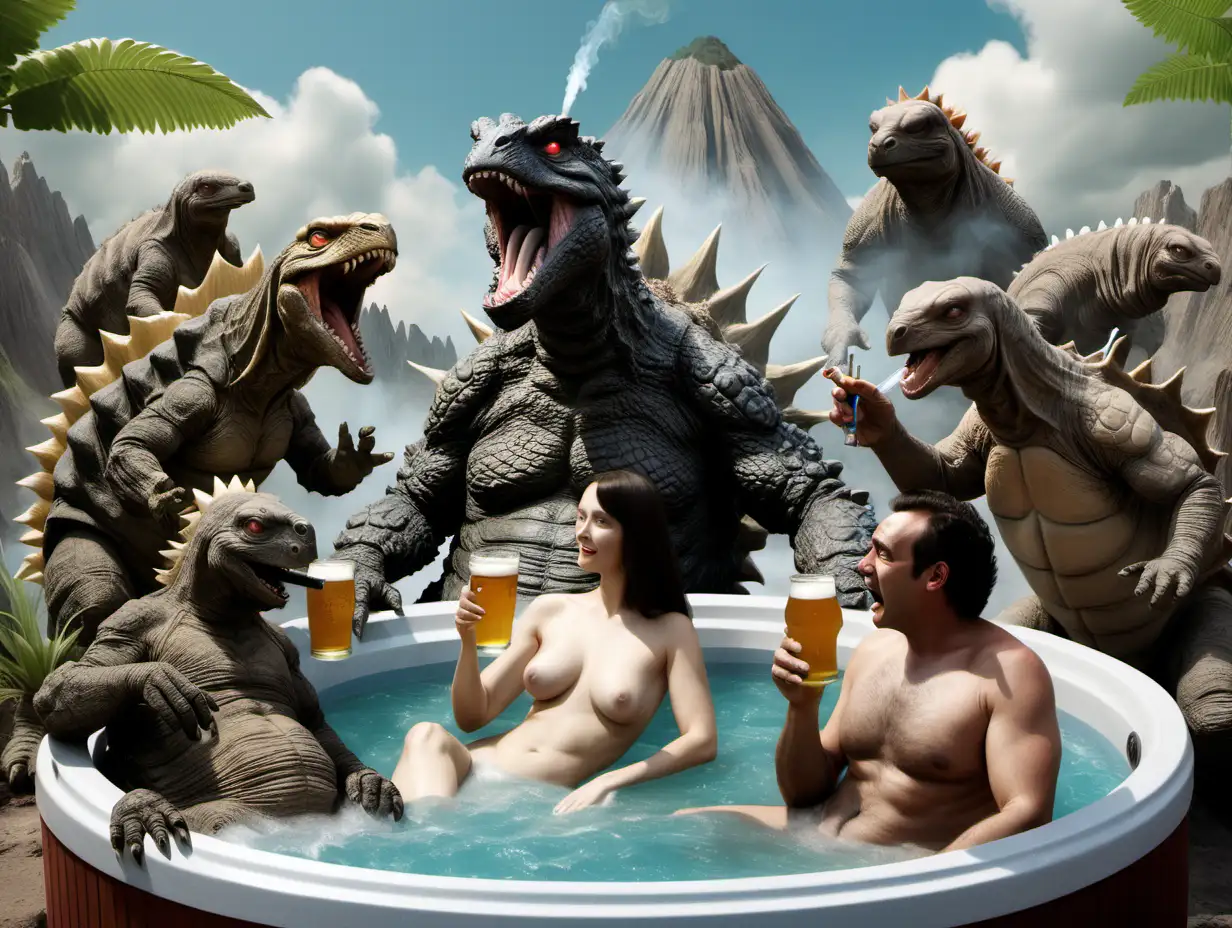 Godzilla in a hot tub with giant tortoises and aardvarks drinking a beer and smoking a joint