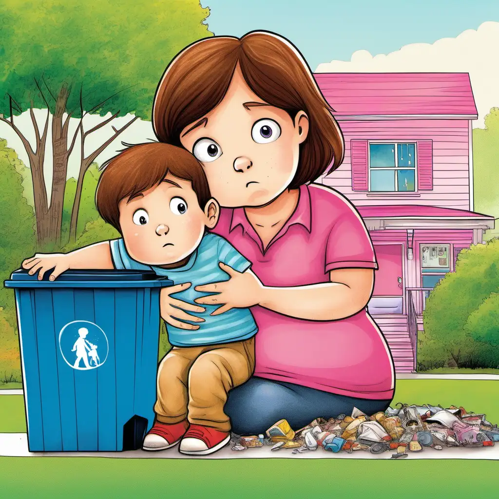 <Children's book Cover> vivid color, Little Boy age 4, brown hair, sad look on his face,  a garbage can.he is sitting on Pregnant Woman holding her belly, she is wearing a pink shirt,
 a house and trees in background