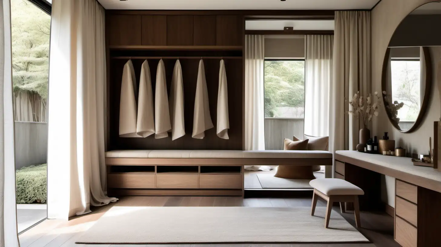 an organic minimalist modern japandi style estate home long dressing and beauty room with beauty vanity table, mirror and built in cabinets and shelves; beige wool runner rug; walnut wood, oak flooring, Bauwerk ivory limewashed walls, a large window with linen curtains