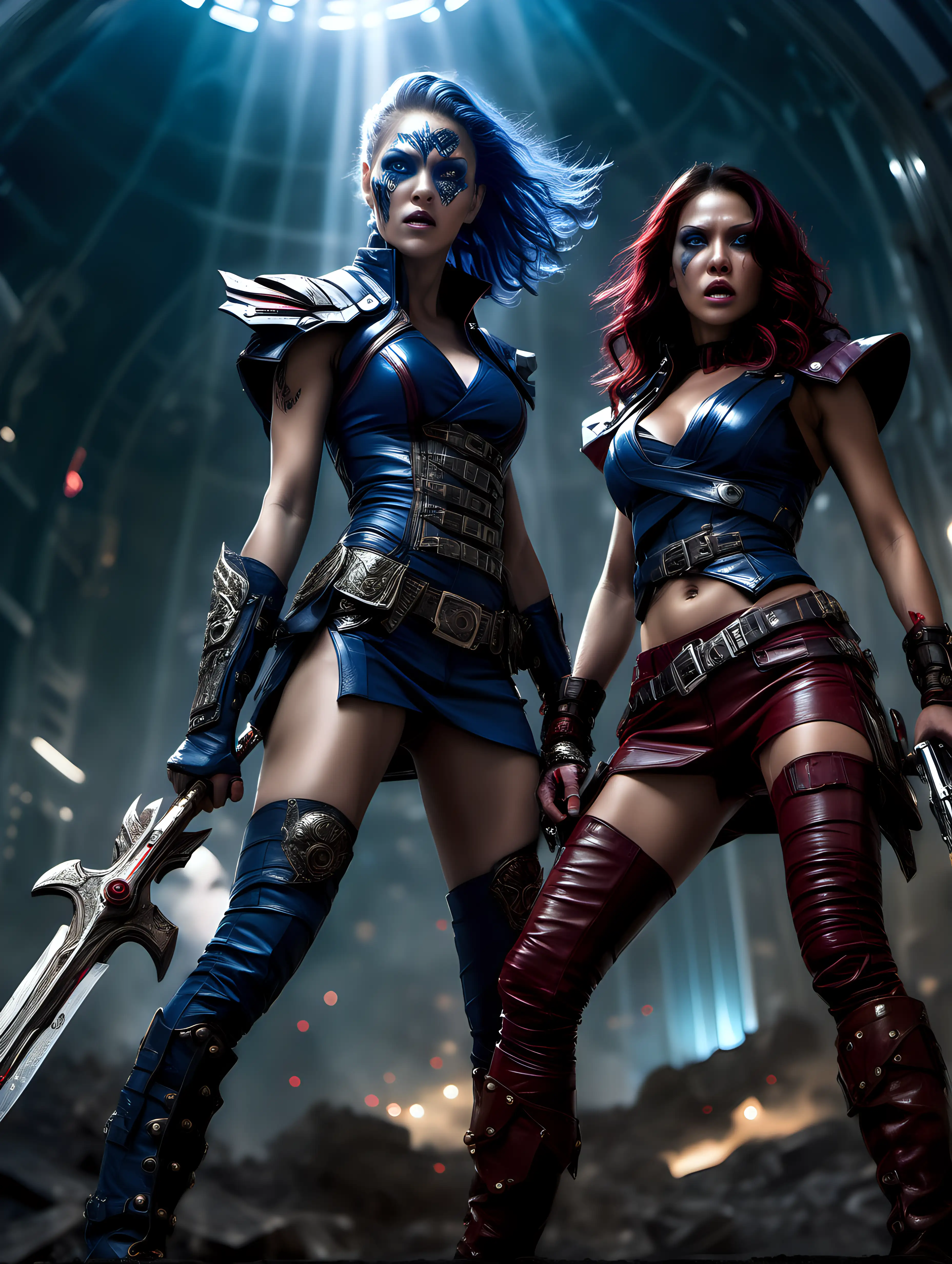 (cinematic lighting), in the world of movie guardian of galaxy, 2 beautiful warrior women fighting for her life, fierce fight, blood on the body, leather studded boots, intricate details, detailed face, detailed eyes, angle from top, hyper realistic photography