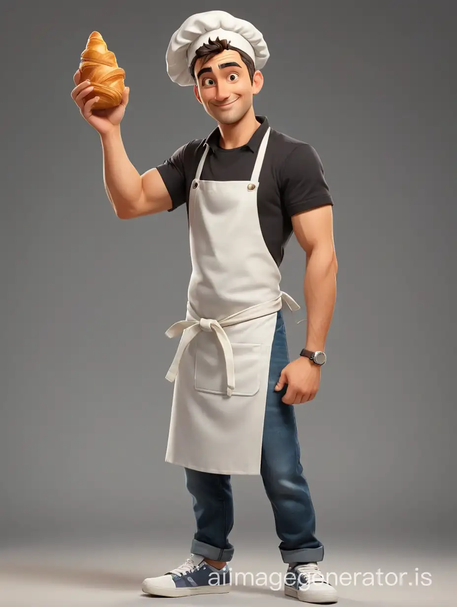 guy in cartoon style, holds a croissant with two fingers, wearing a chef's apron, wearing a chef's apron, Wearing a dark T-shirt without inscriptions, jeans pants, full-body shot, sneakers, two different poses, full body, 2 poses, maximum detail, best quality, HD, gorgeous light and shadow, detailed design, 3D quality