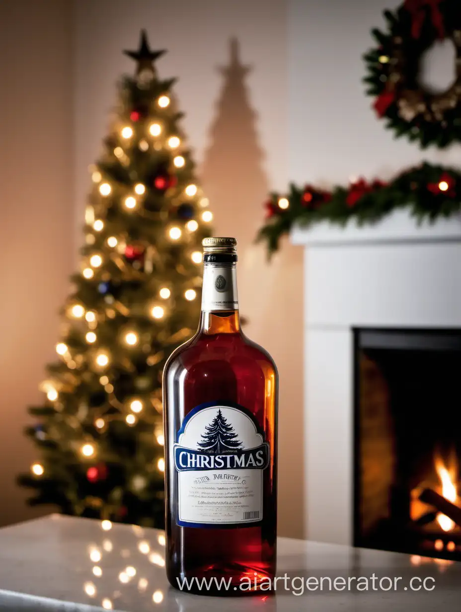 Christmas-Spirit-Festive-Bottle-Against-Fireplace-and-Tree