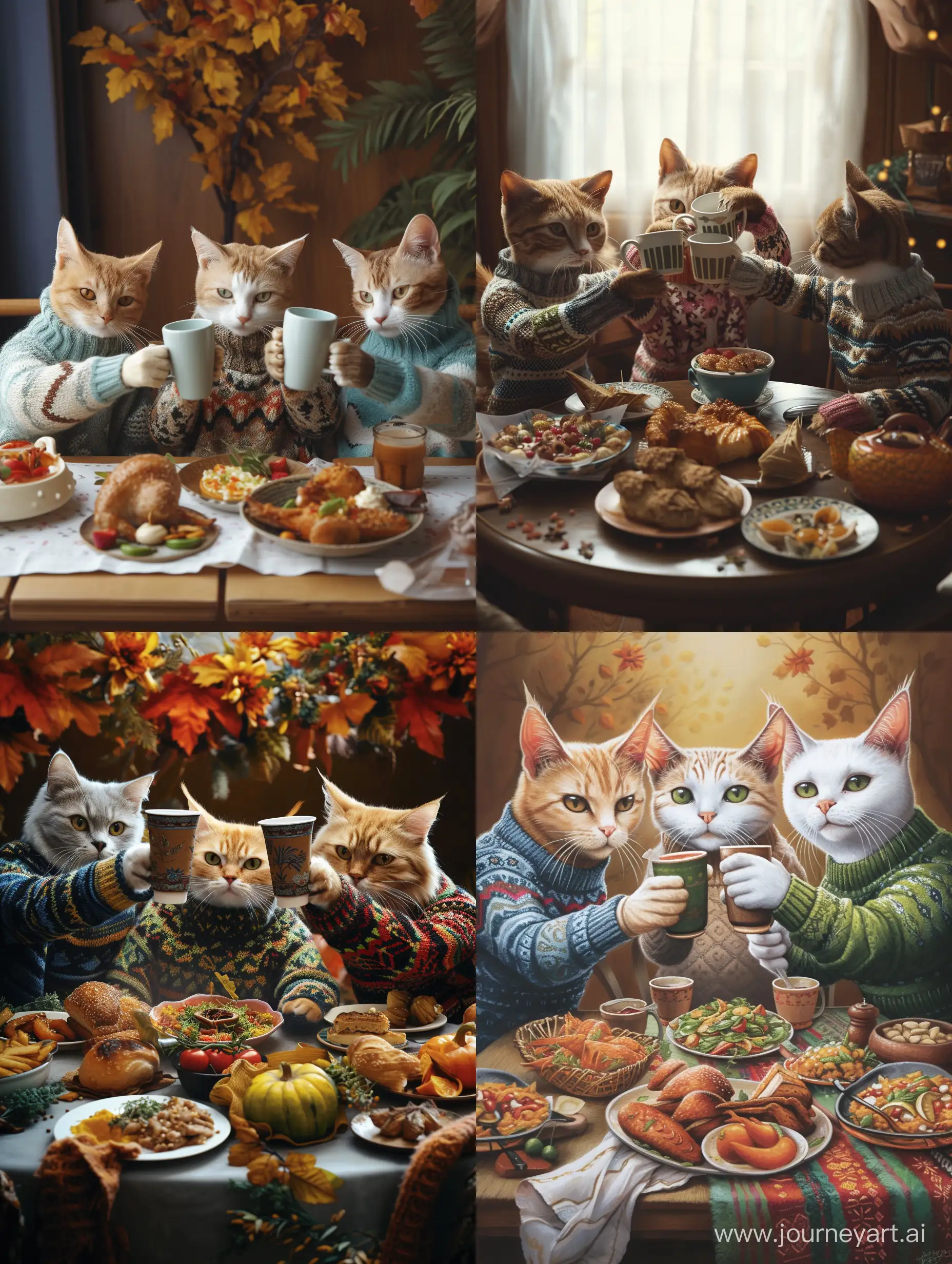 三只真实的猫咪穿着毛衣，拿着杯子在干杯，桌子上摆满了美味的食物