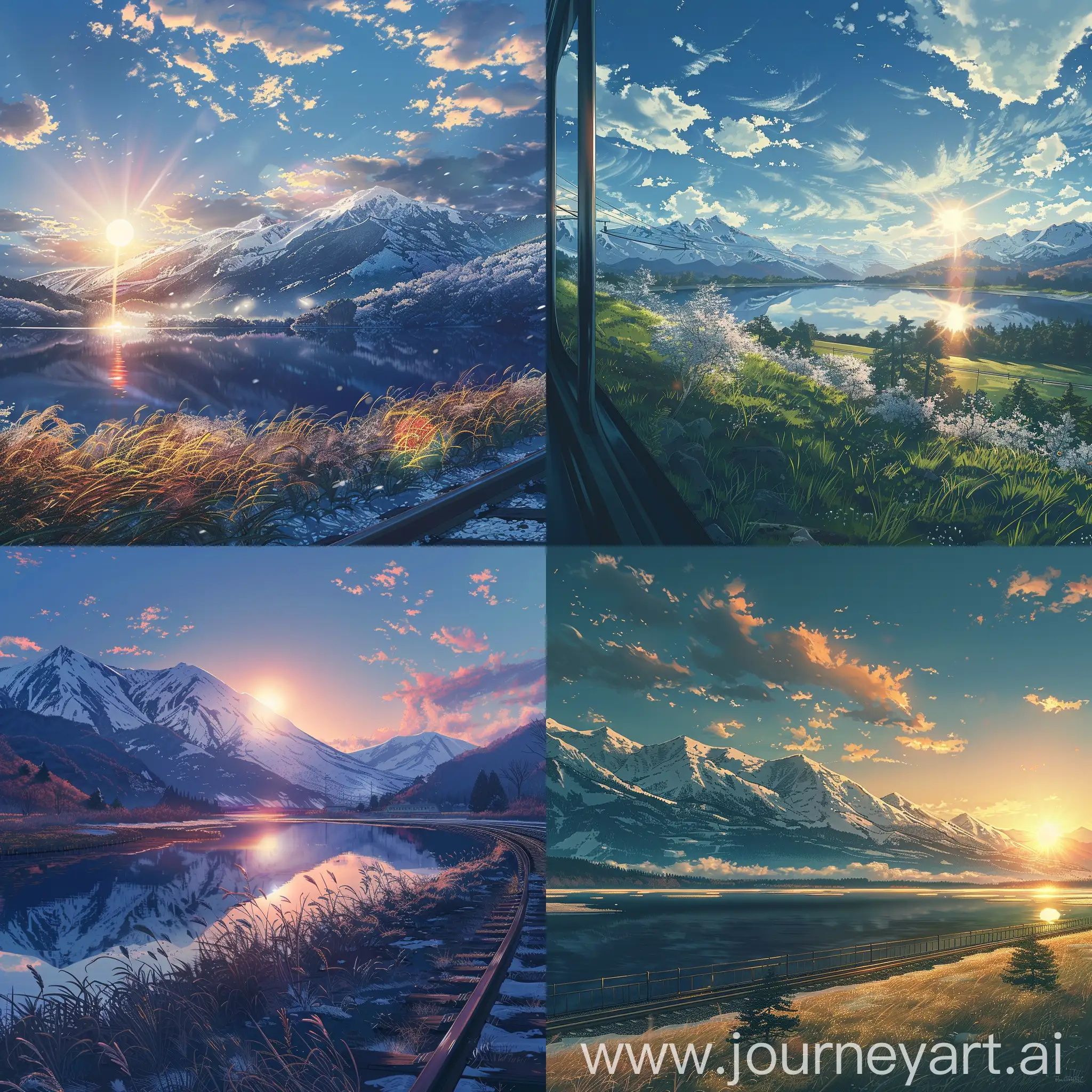 Anime scenary, dawn time, illustration ,view from train, snowy mountains, lakes, spring touch, serenity, cool tone, illustration, sun, beautiful scenary, Ultra hd, grassland, anine scenary, mokoto shinkai style, no blurry image, no hyperrealistic --ar 27:32 --s 400