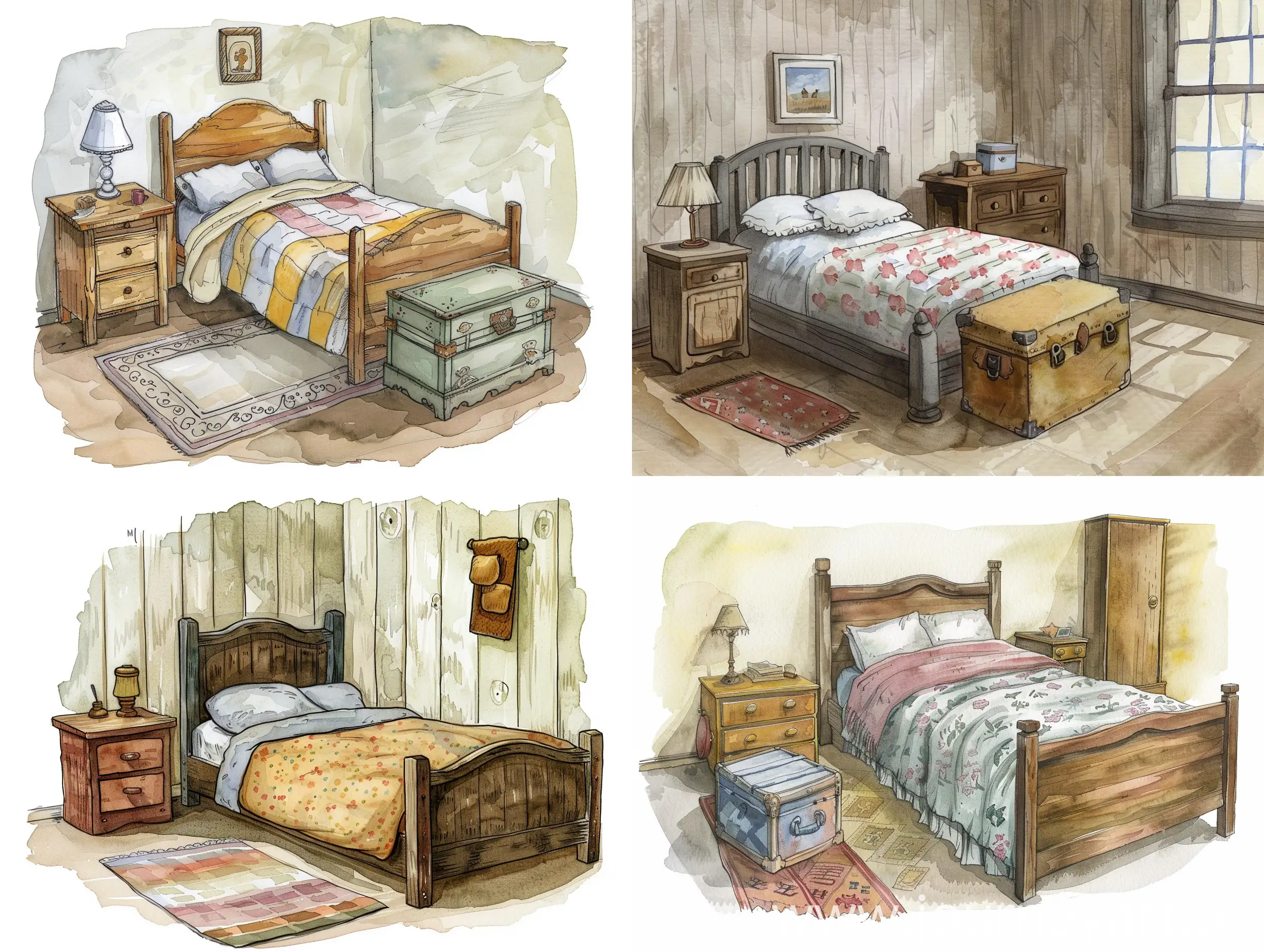 Watercolor drawing of Christopher Robin's bedroom with a bed, bedside table and chest
